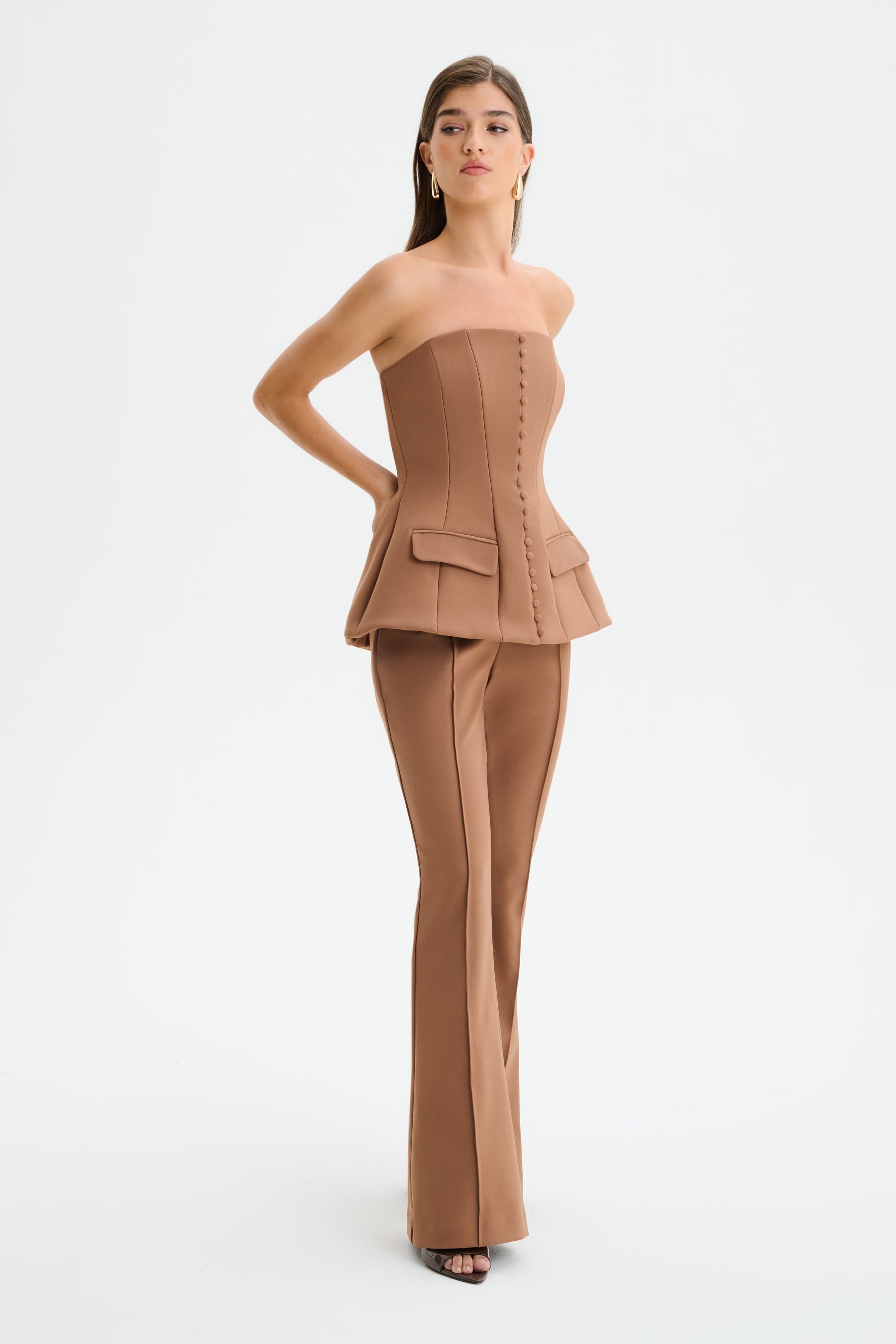 AMY Structured Strapless Jumpsuit in Brown