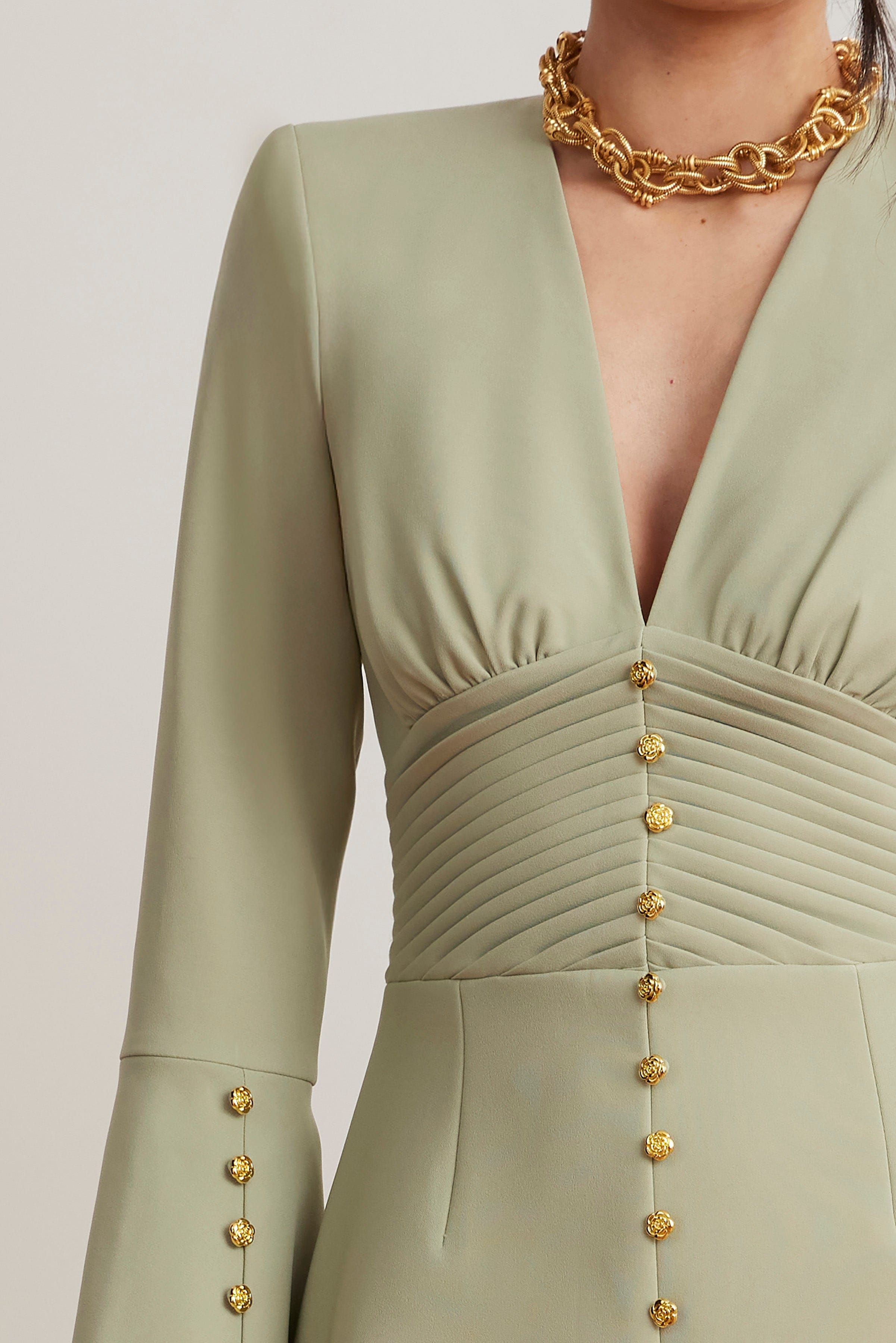 LARA Fluted Sleeve Rose Button Mini Tulip Dress In Sage Green