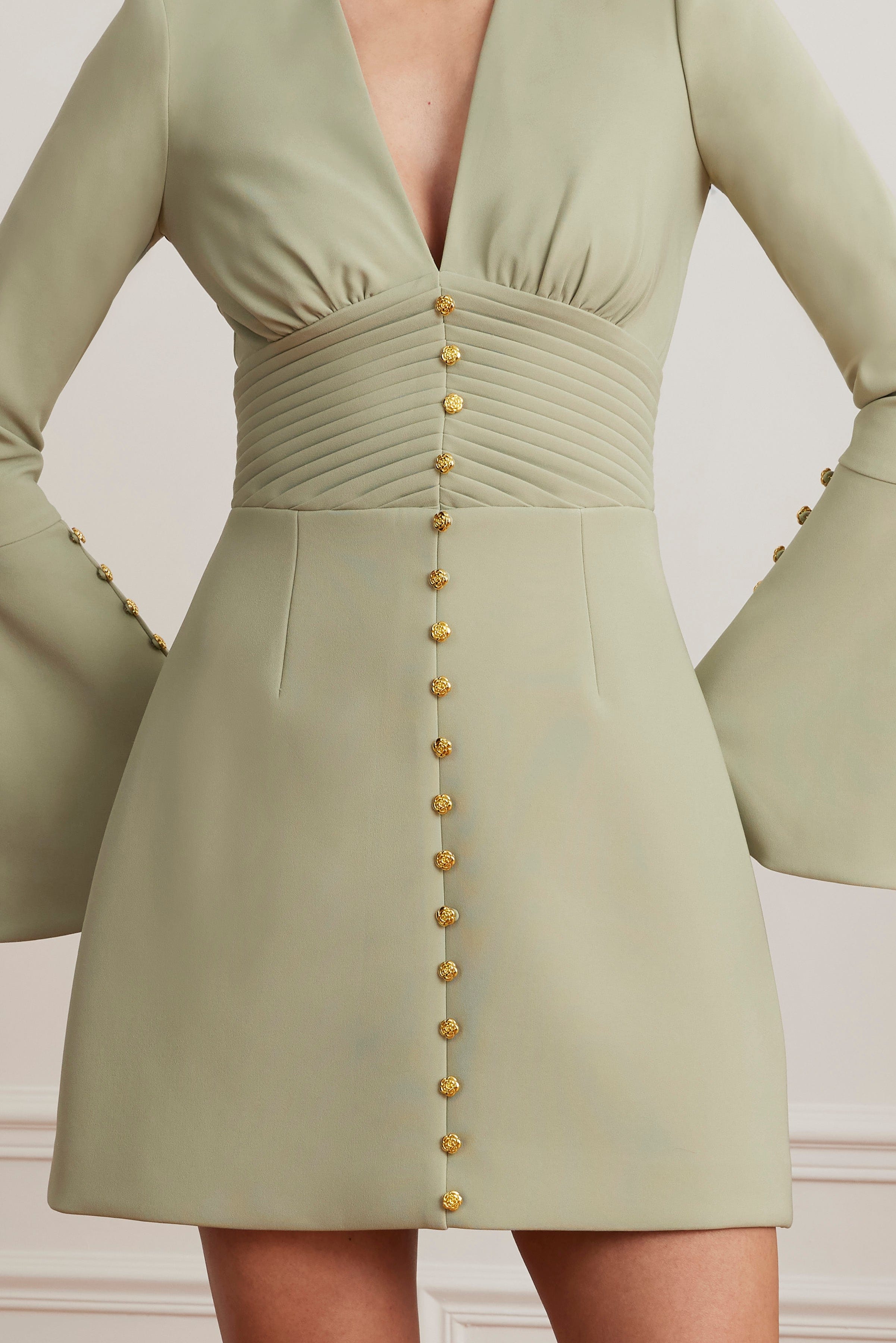 LARA Fluted Sleeve Rose Button Mini Tulip Dress In Sage Green