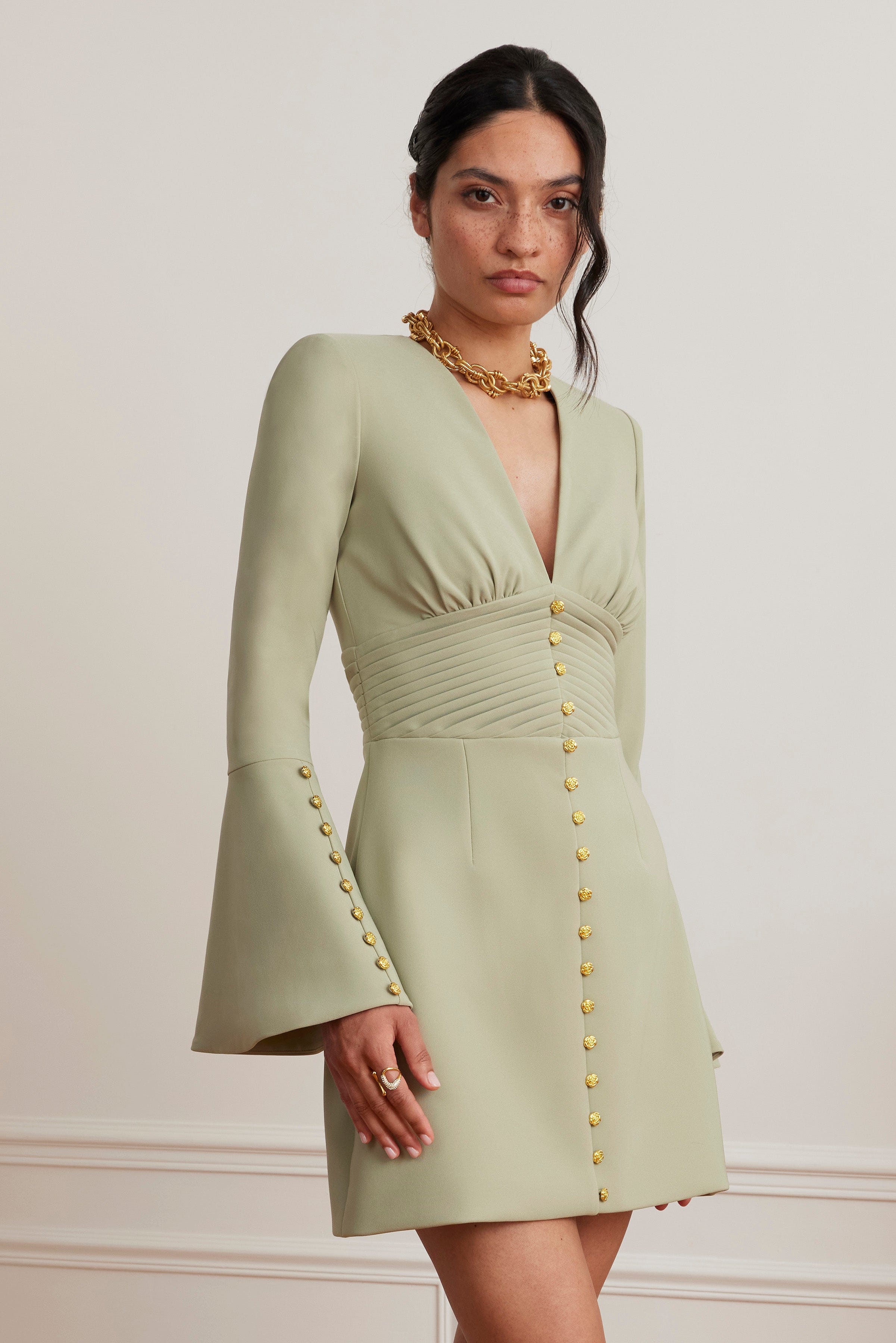 LARA Fluted Sleeve Rose Button Mini Tulip Dress In Sage Green