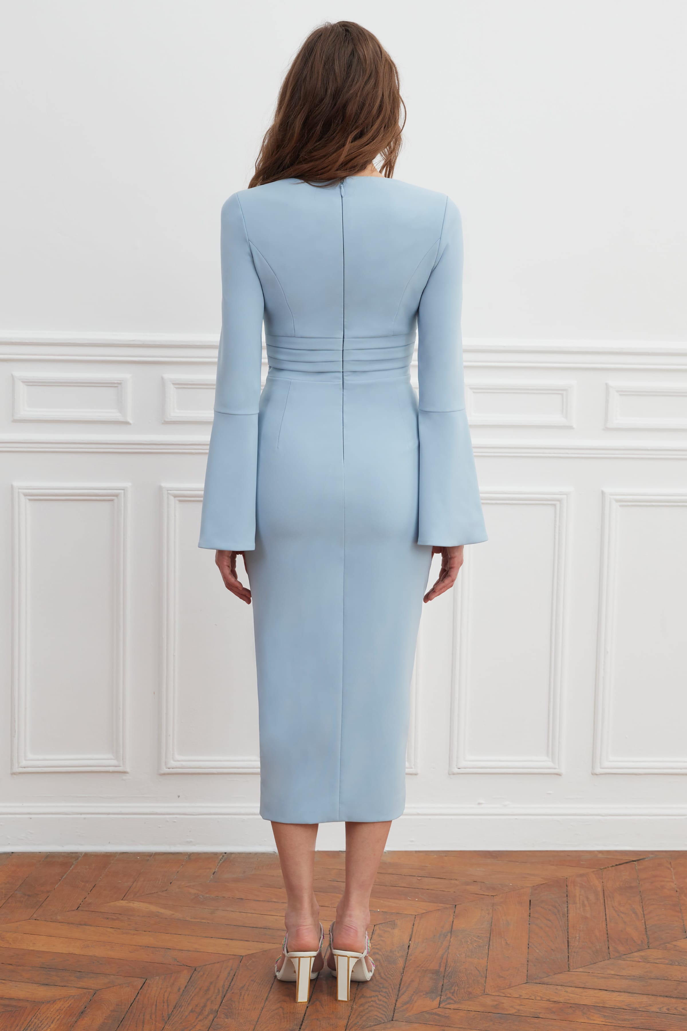 EVELINA Micro Button Detail Fluted Sleeve Midi Dress In Powder Blue