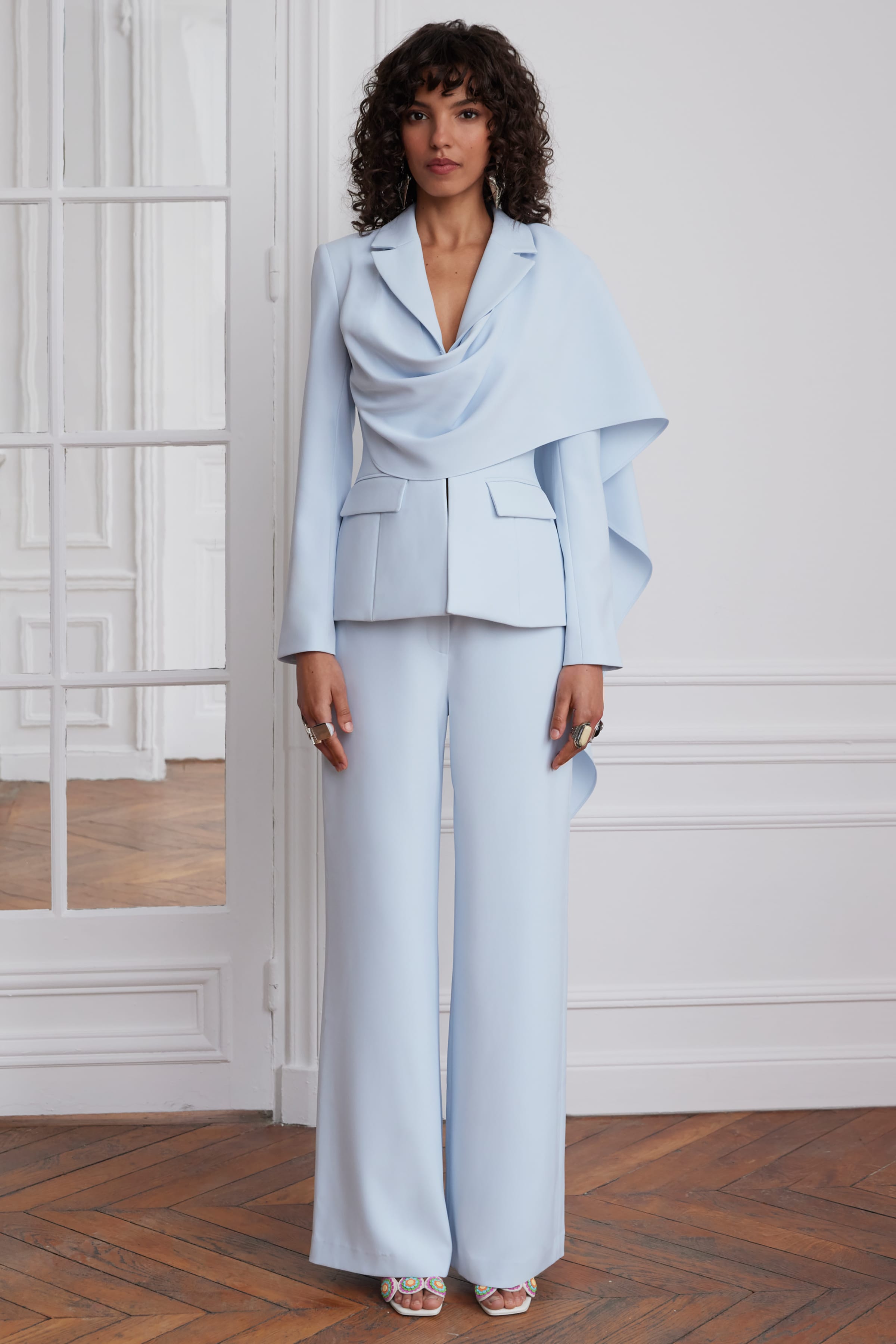 EMBER Cape Scarf Sculptured Blazer In Powder Blue