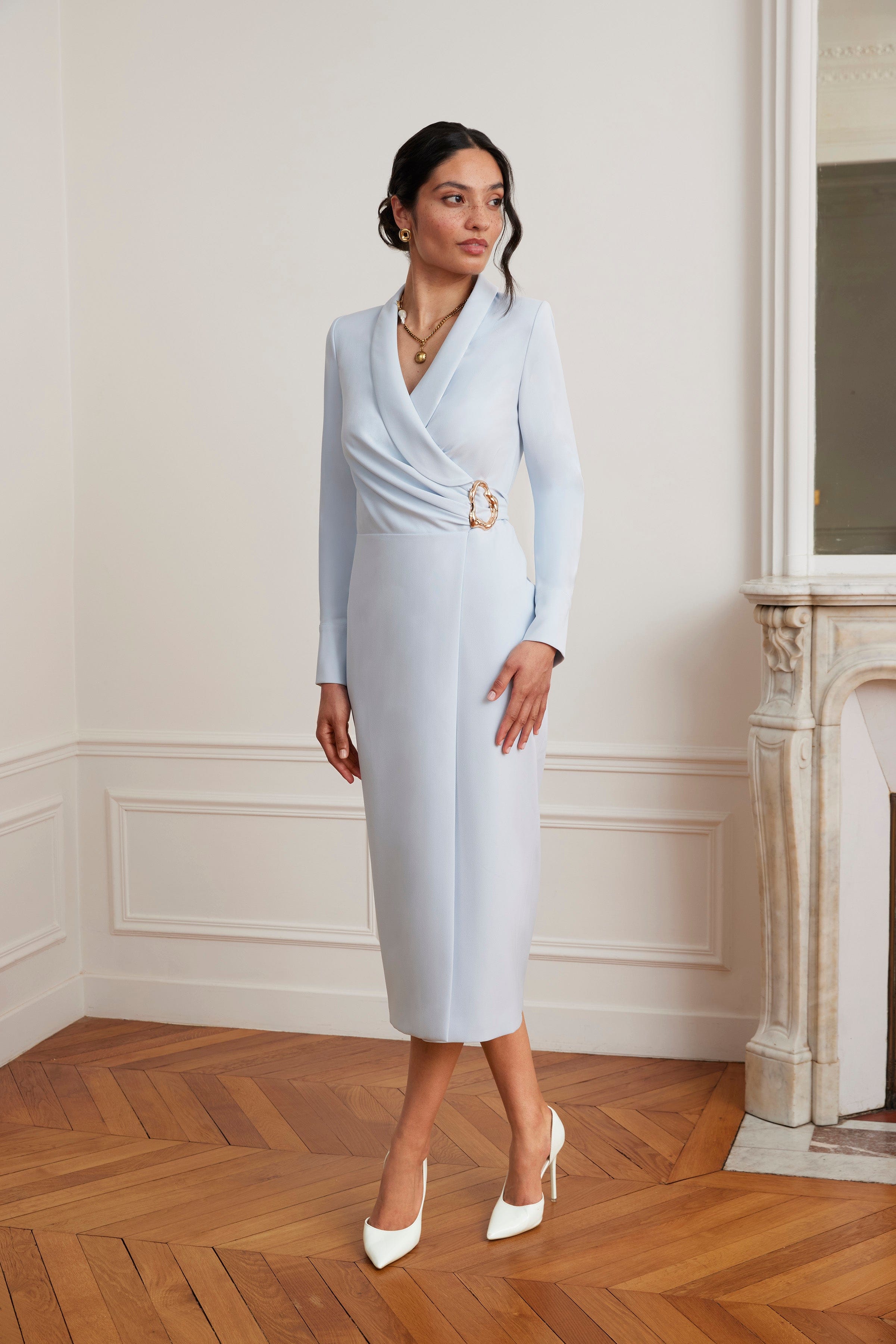 LILIANNE True Wrap Shirt Midi Dress With Gold Hardware In Powder Blue
