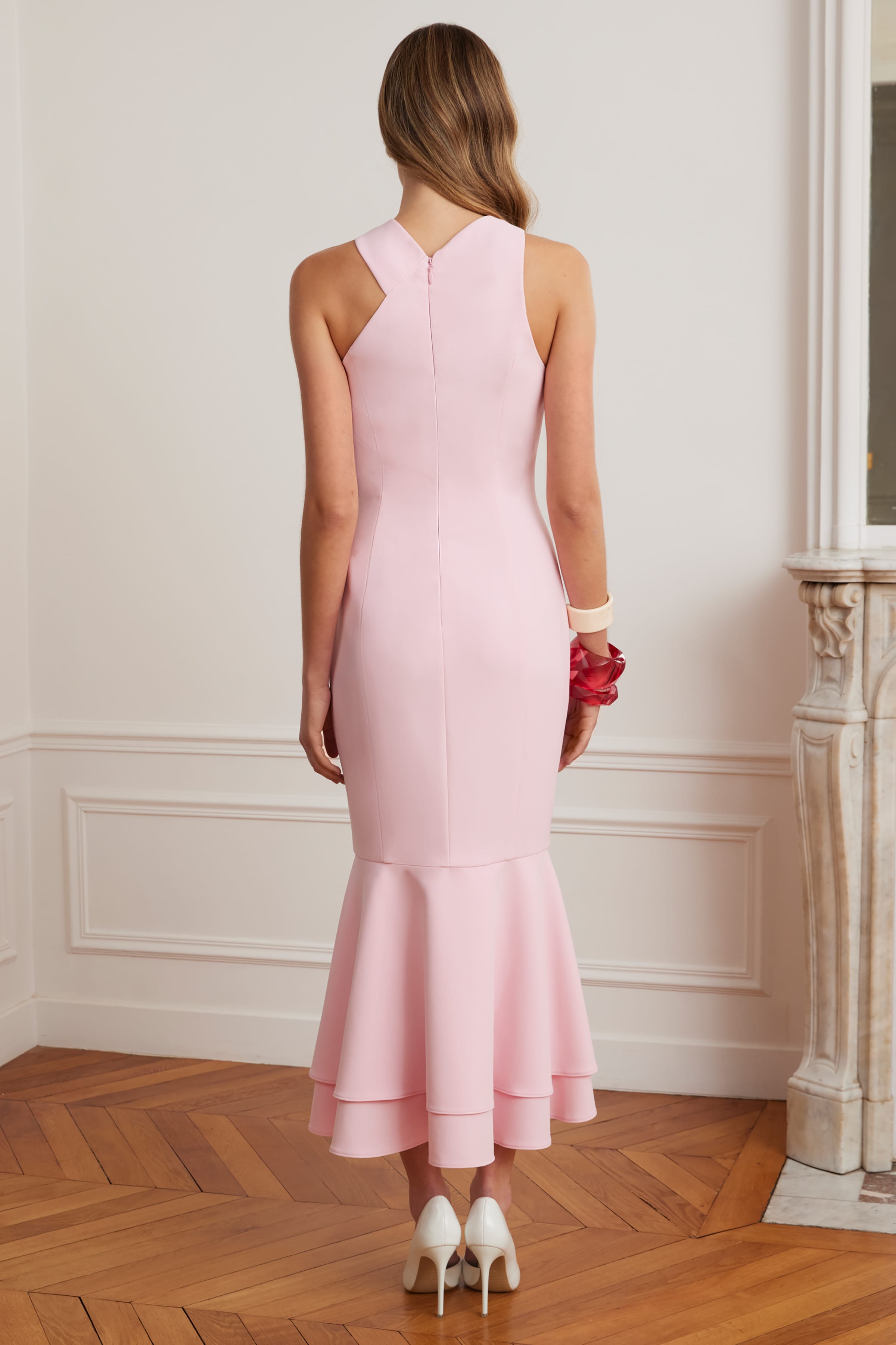 ALTHEA Cross Neck Button Through Fishtail Midi Dress In Pink