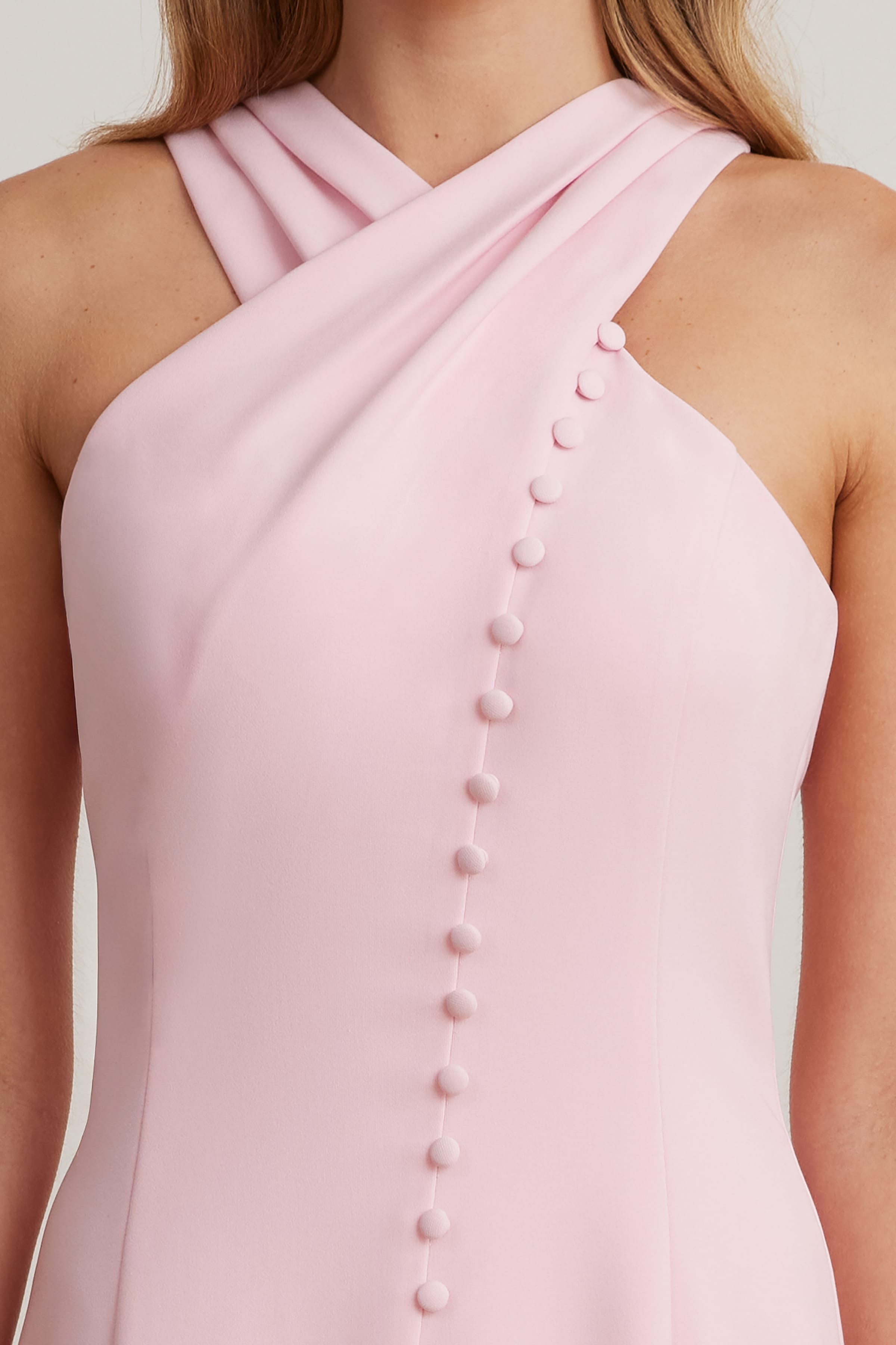 ALTHEA Cross Neck Button Through Fishtail Midi Dress In Pink