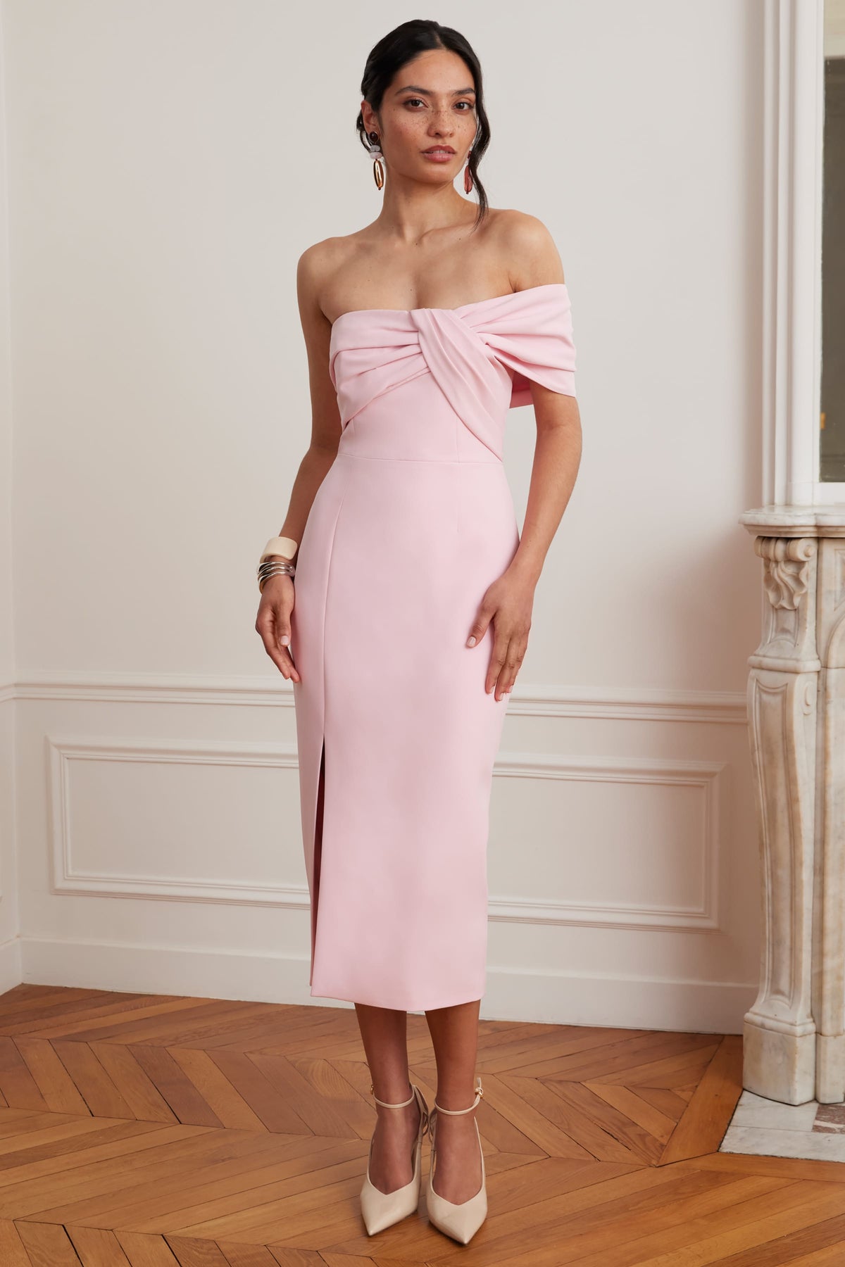 KARINA Bardot Midi Dress in Pink