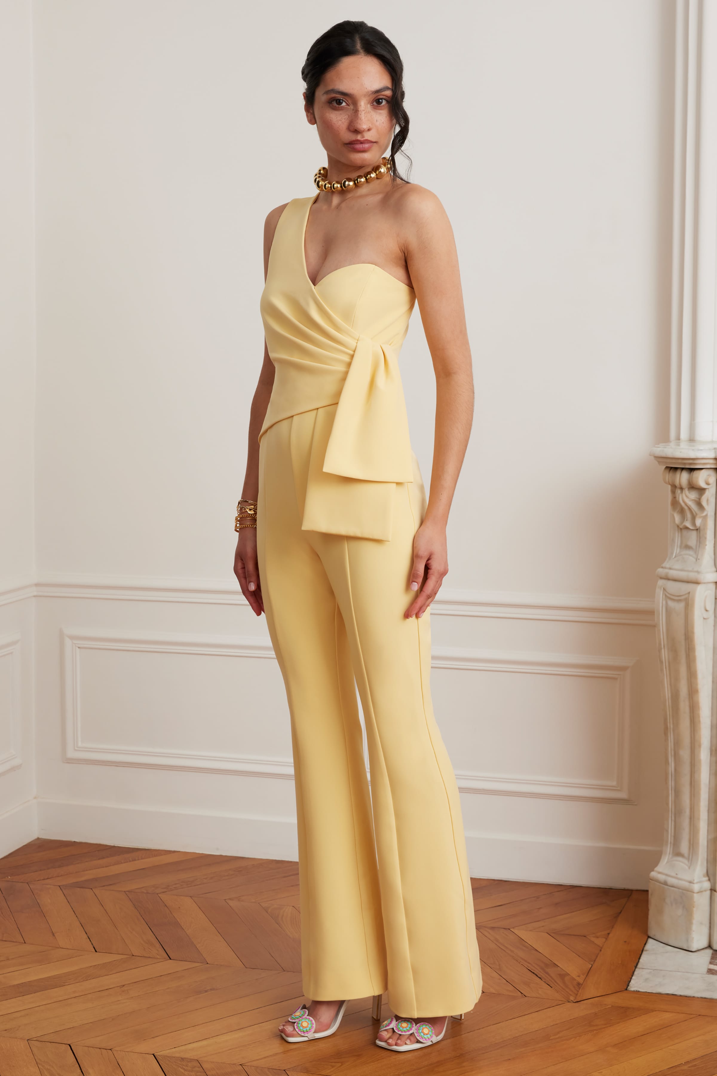 HALLIE One Shoulder Jumpsuit With Bow Detail In Yellow