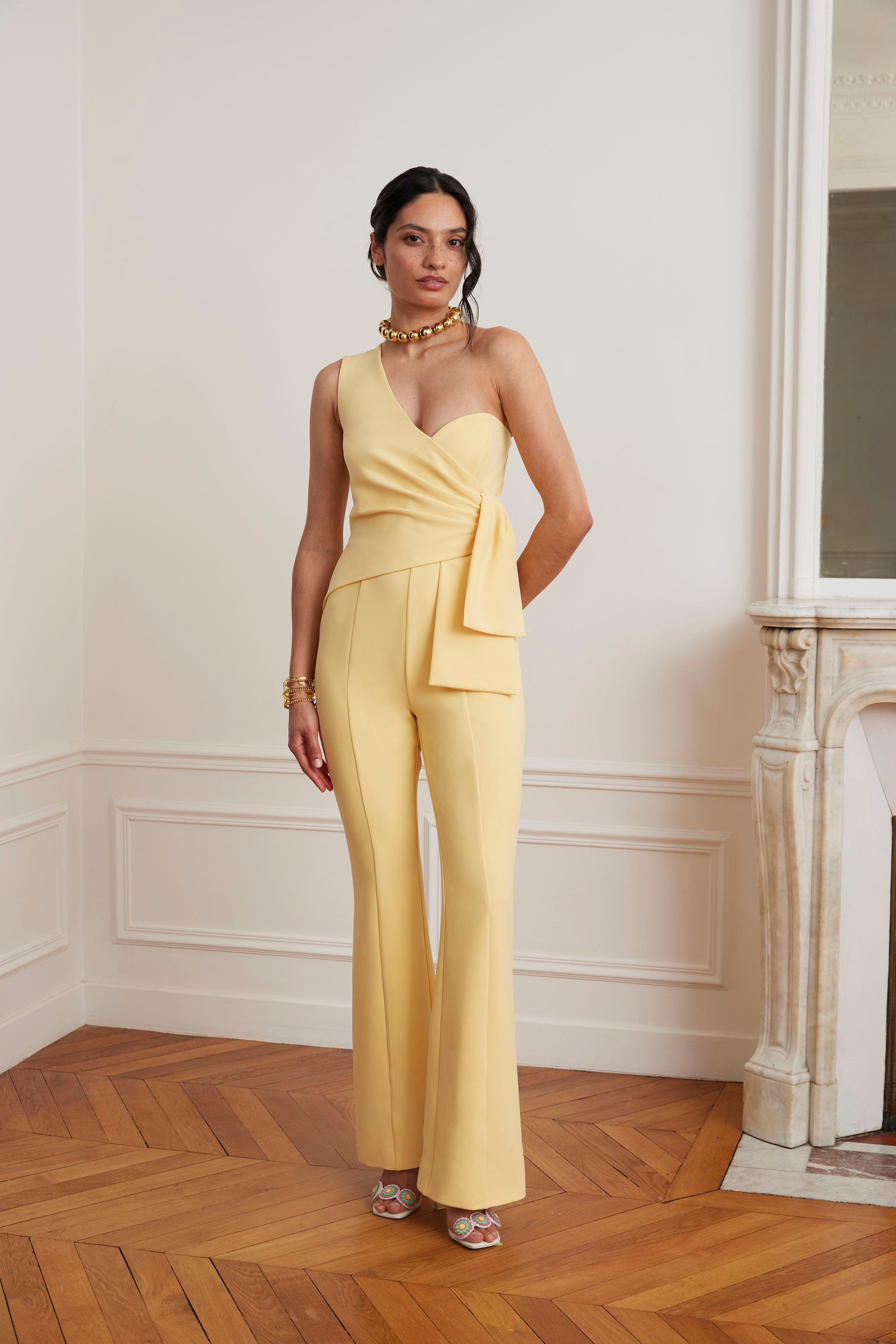 HALLIE One Shoulder Jumpsuit With Bow Detail In Yellow