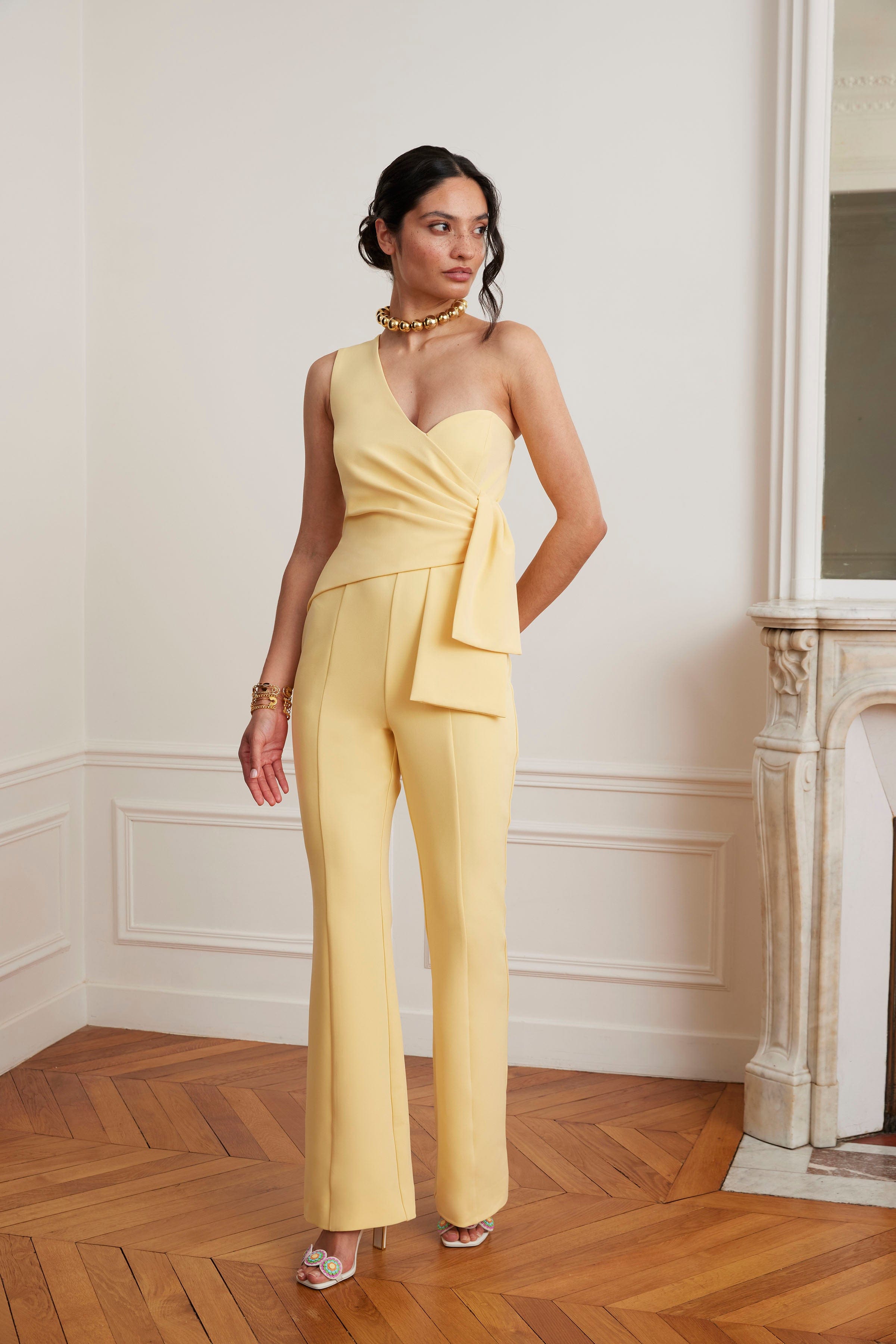 HALLIE One Shoulder Jumpsuit With Bow Detail In Yellow