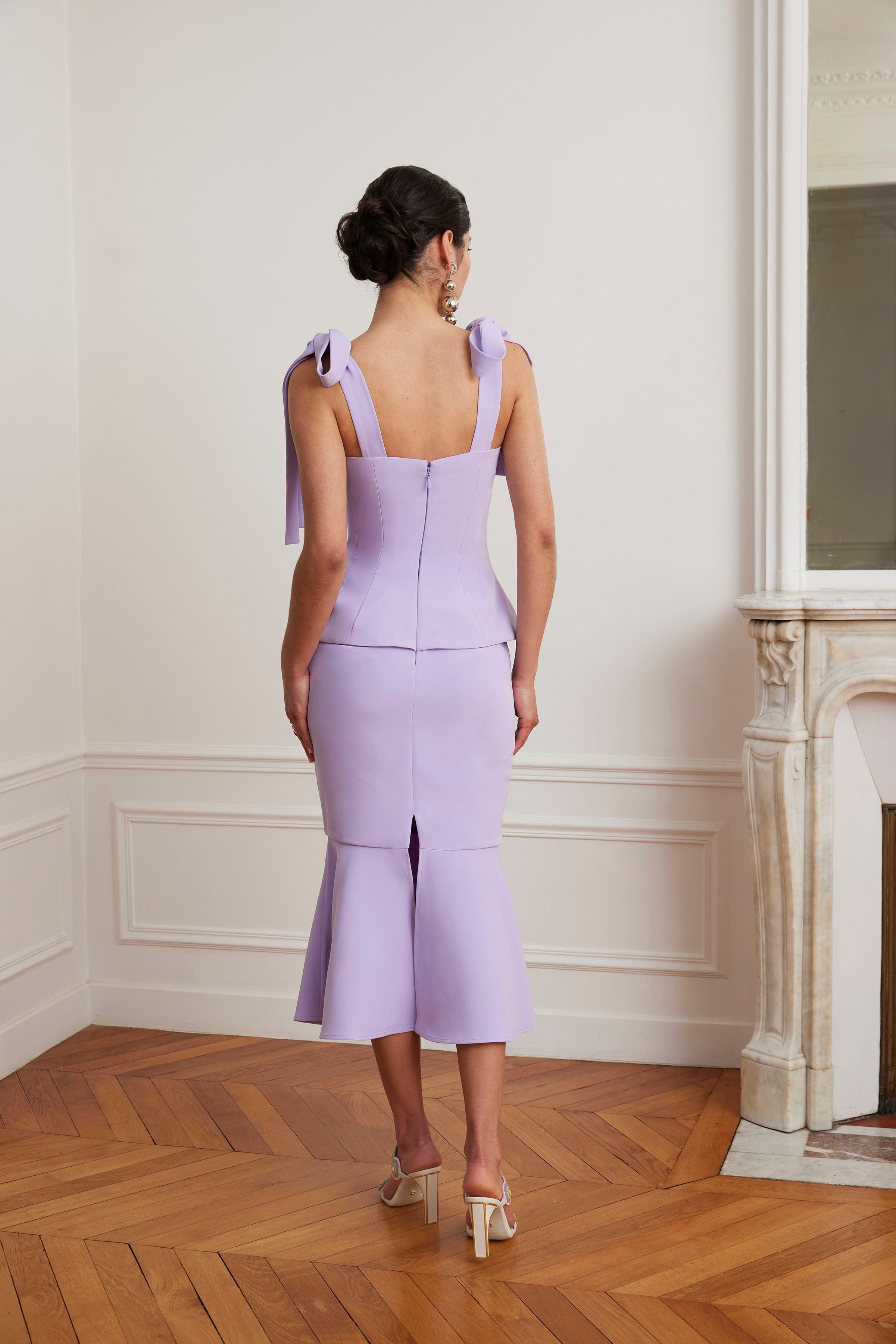 LEONA Tie Shoulder Peplum Fishtail Midi Dress In Lilac