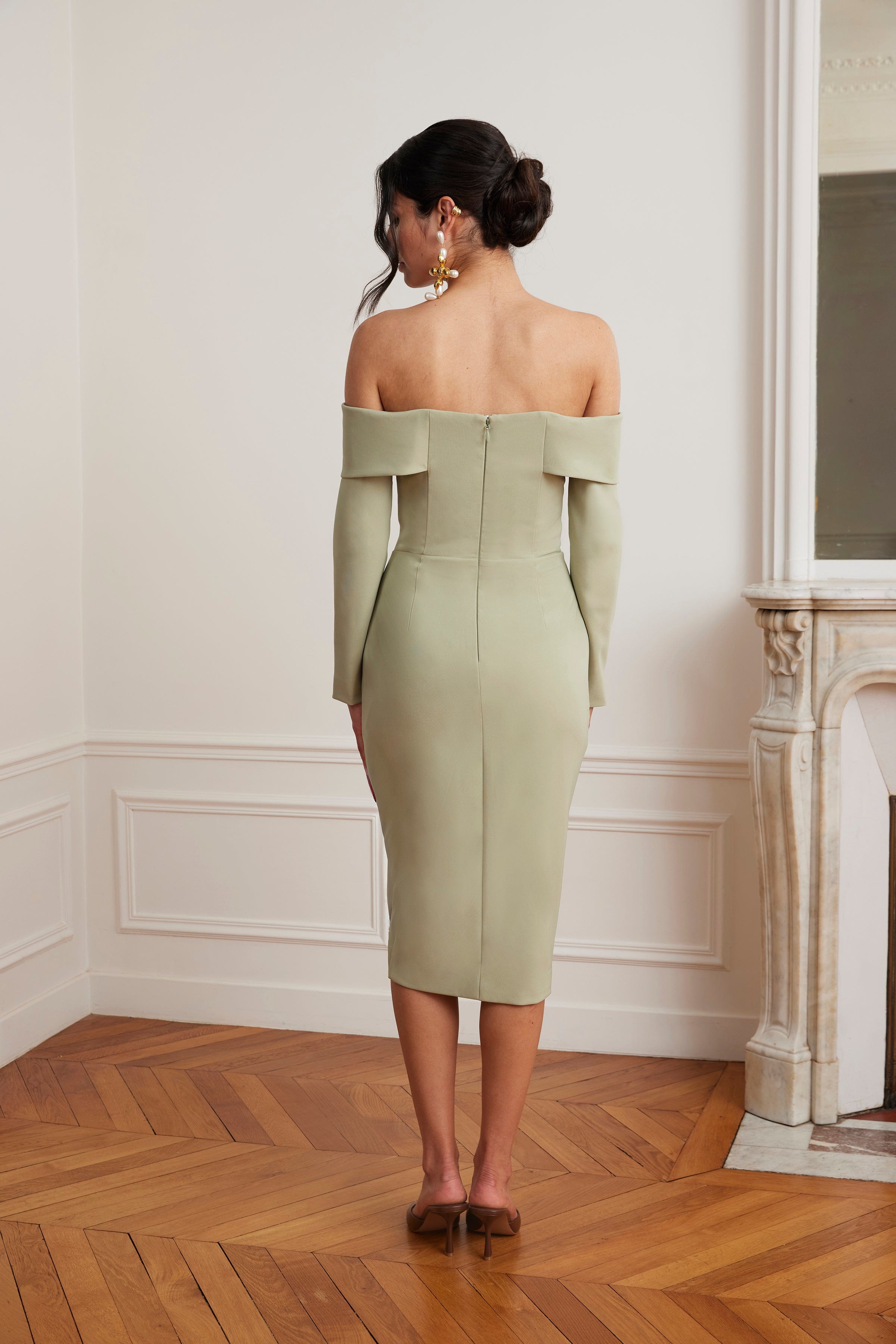 DELPHINE Off Shoulder Corset Midi Wrap Dress In Sage Green