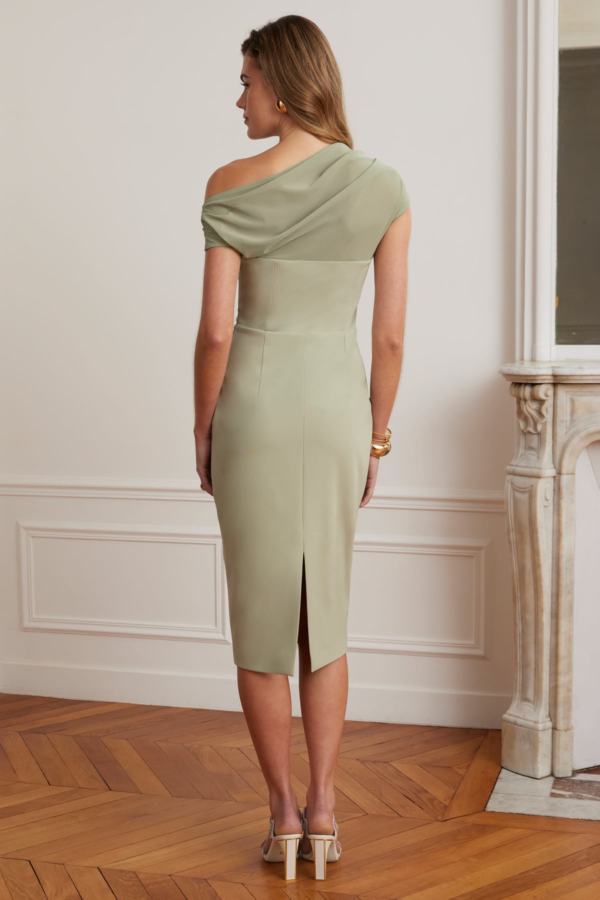 SIENNA Asymmetric Midi Dress in Sage
