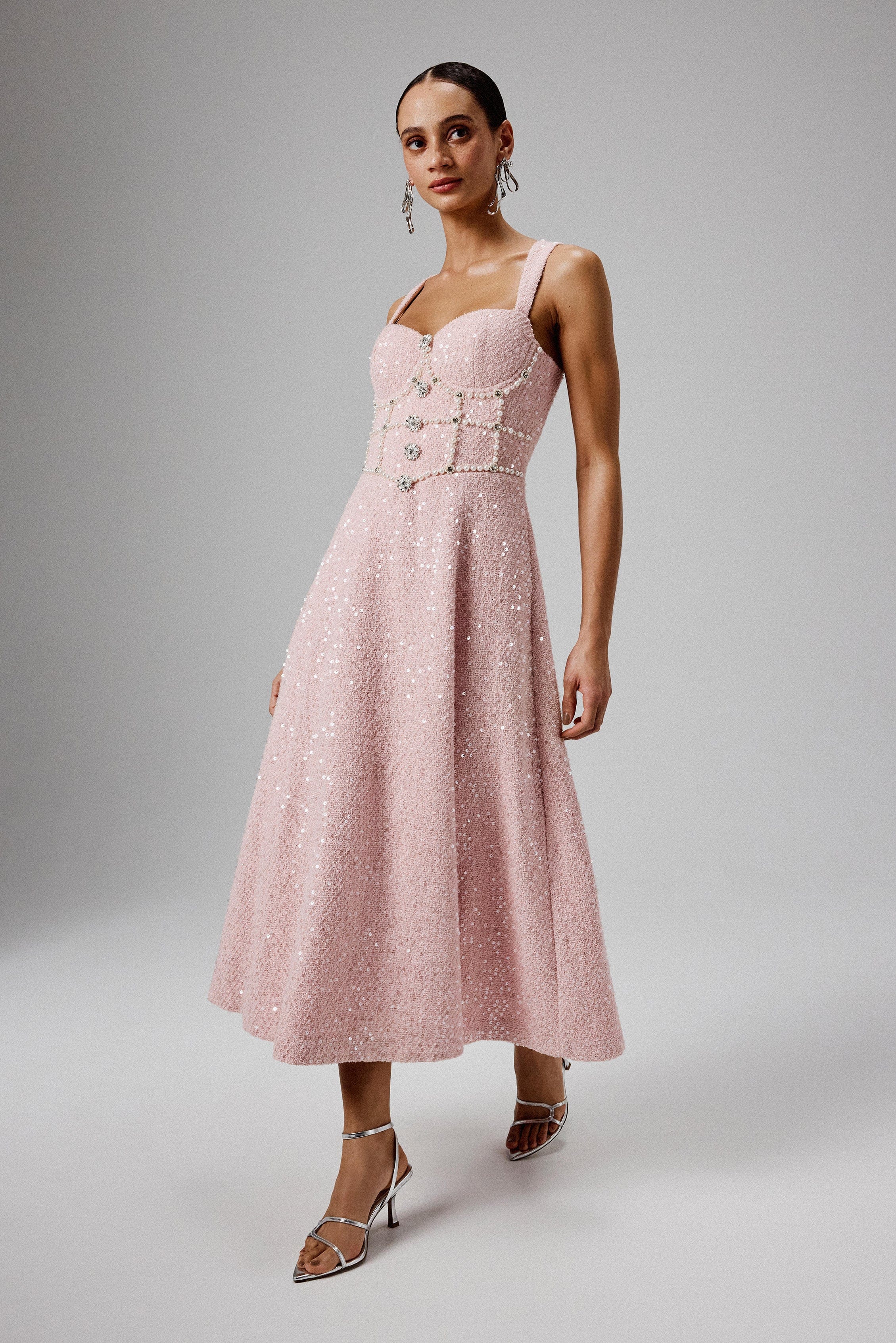 KIRA Pearl Embellished Boucle A Line Midi Dress in Pink