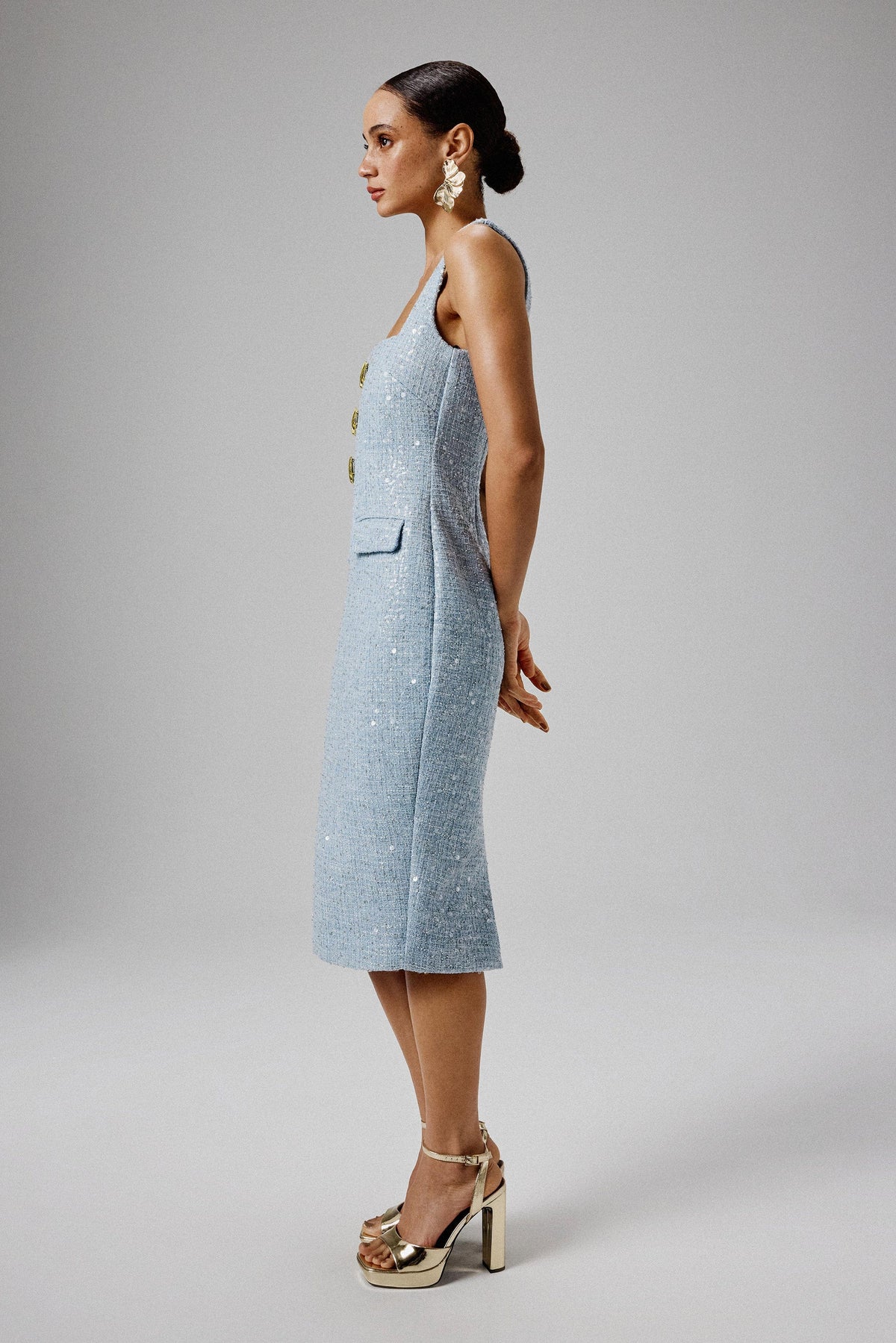 MARIE Square Neck Boucle Midi Dress in Blue
