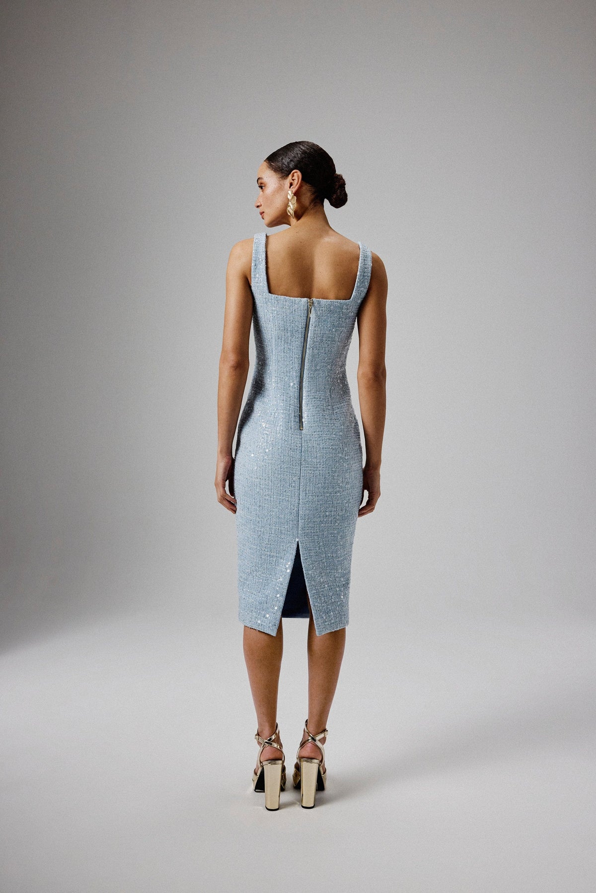 MARIE Square Neck Boucle Midi Dress in Blue