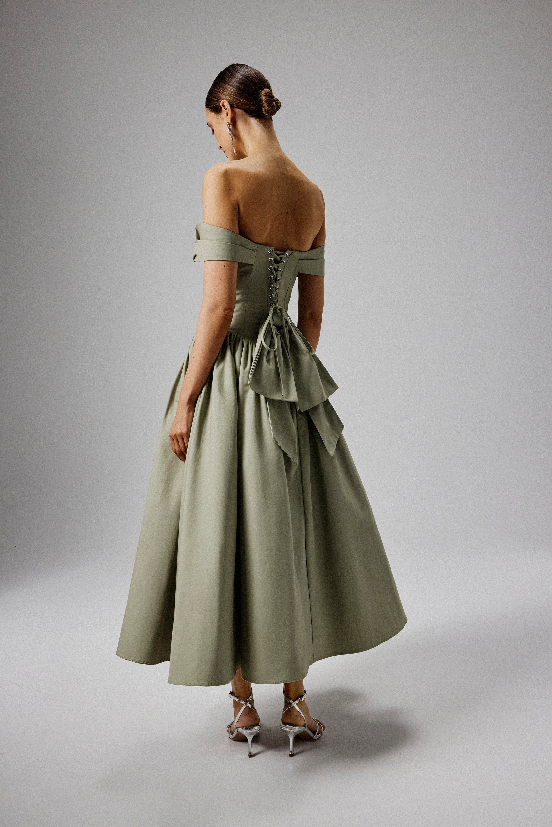 EMILY Off Shoulder Volumed Flared Sun Midi Dress in Sage Green