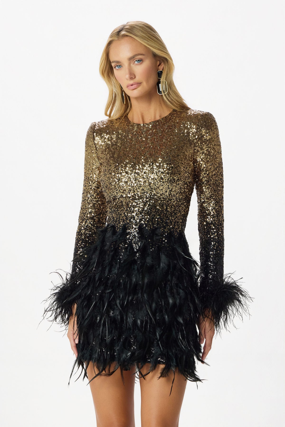 BRIANNA Sequin & Feather Mini Dress in Black