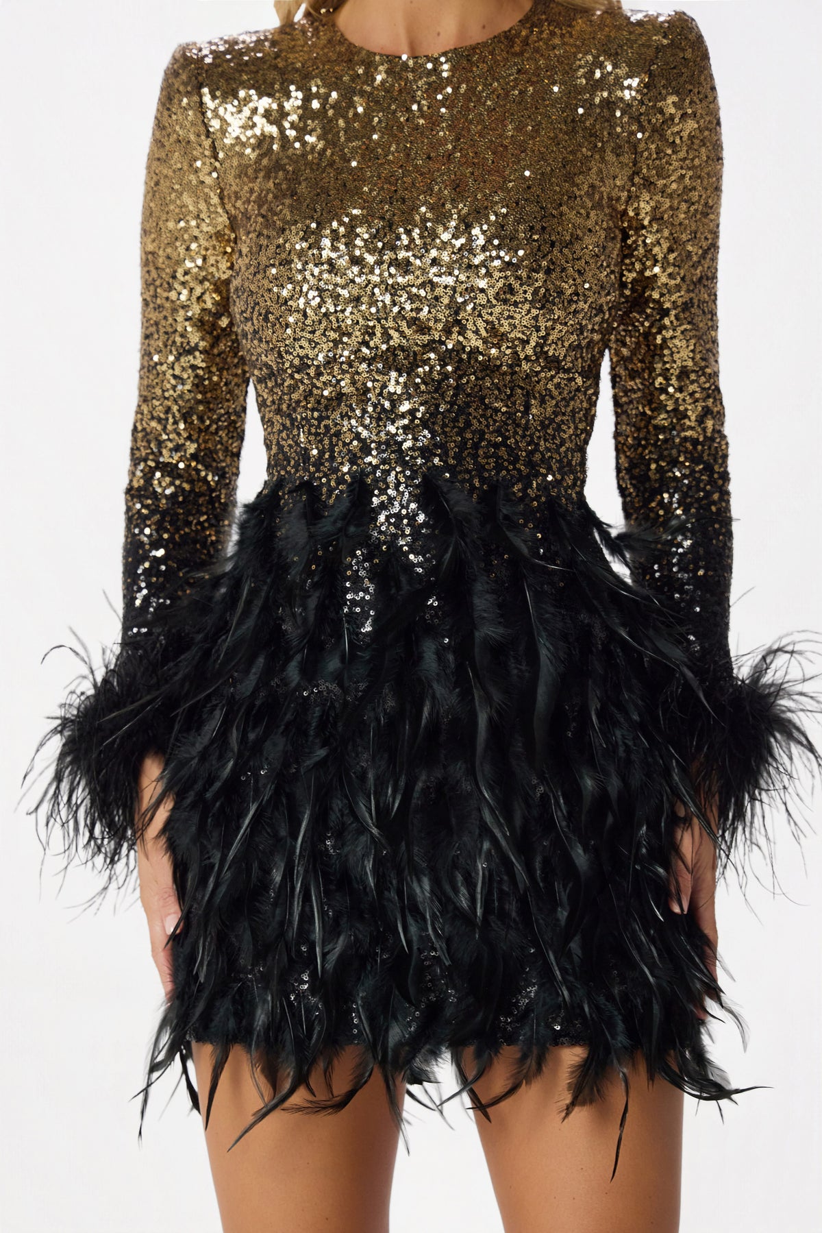 BRIANNA Sequin & Feather Mini Dress in Black