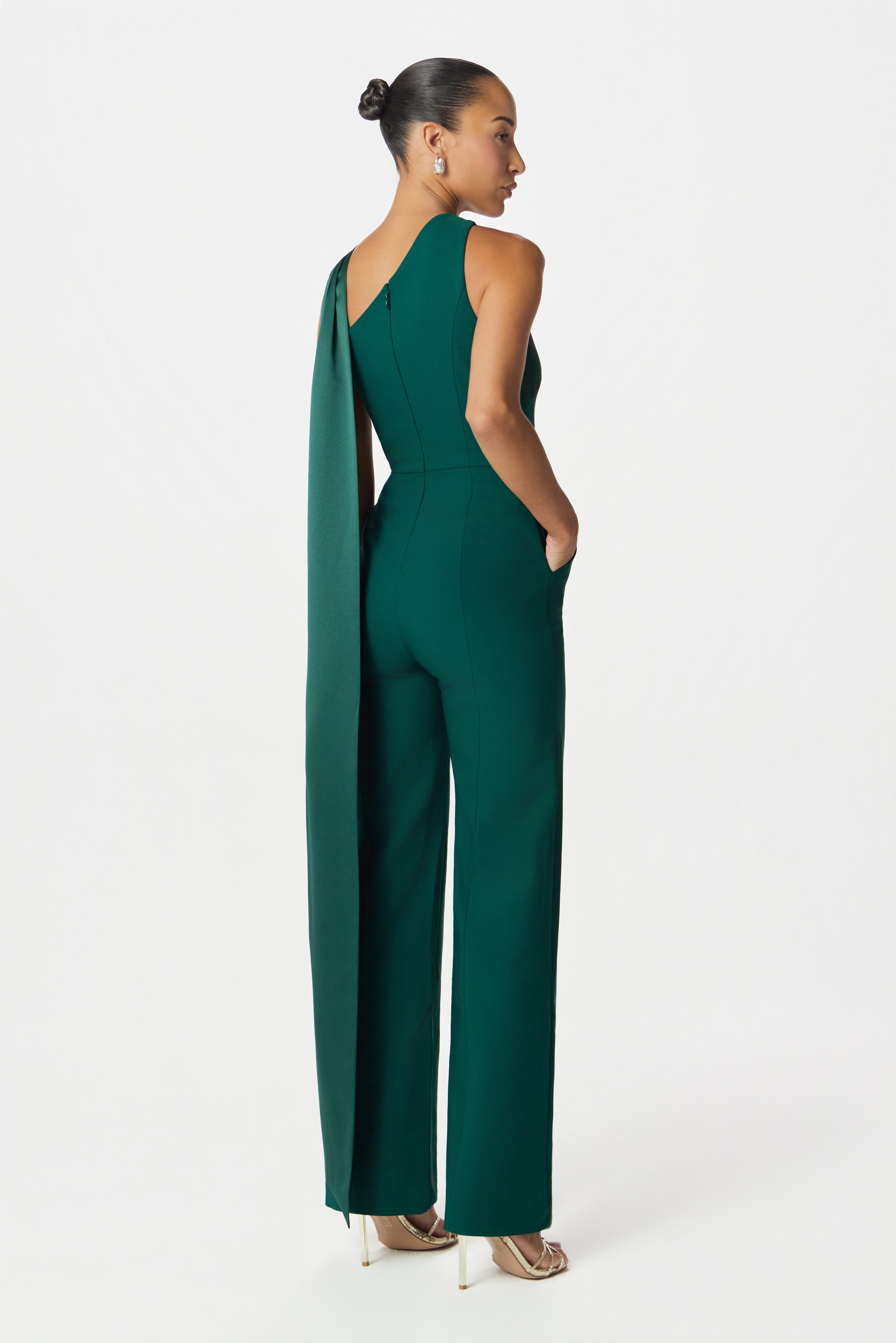 CHANTELLE Cross Neck Straight Leg Jumpsuit with Satin Drape in Emerald