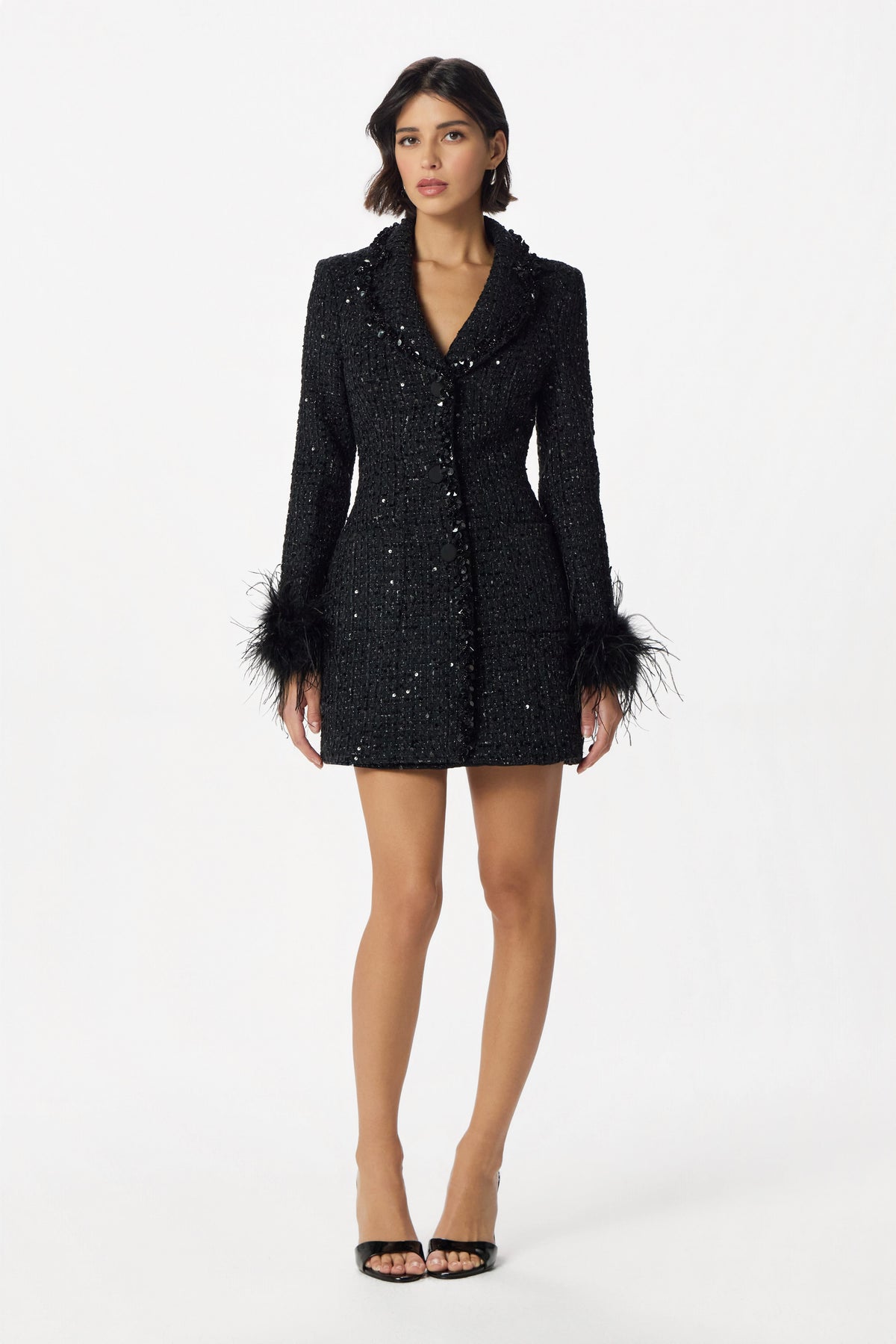 ELIANNA Embellished Boucle Blazer Dress in Black