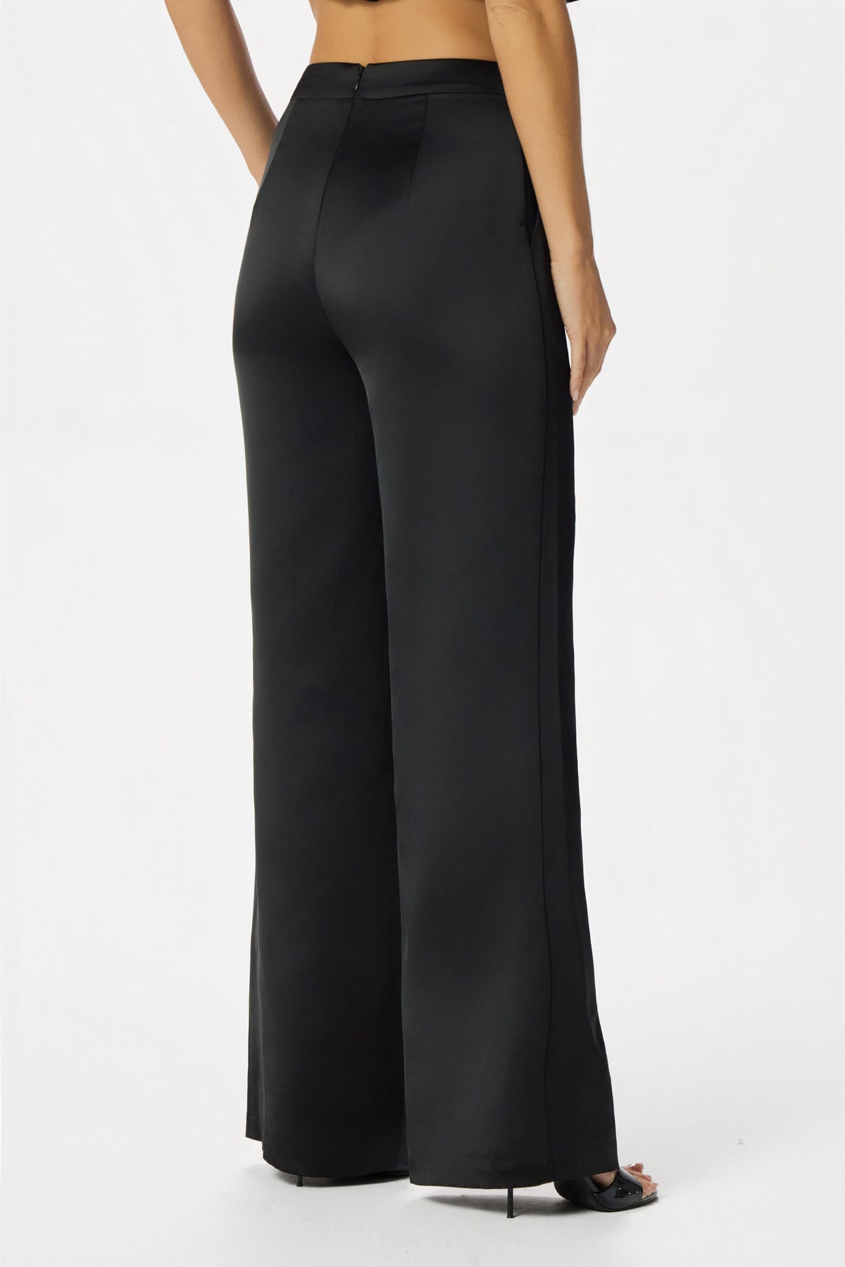 ELLIE Wide Leg Satin Trousers in Black