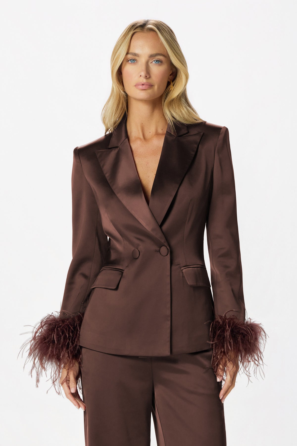 INDIE Satin Feather Blazer in Dark Brown