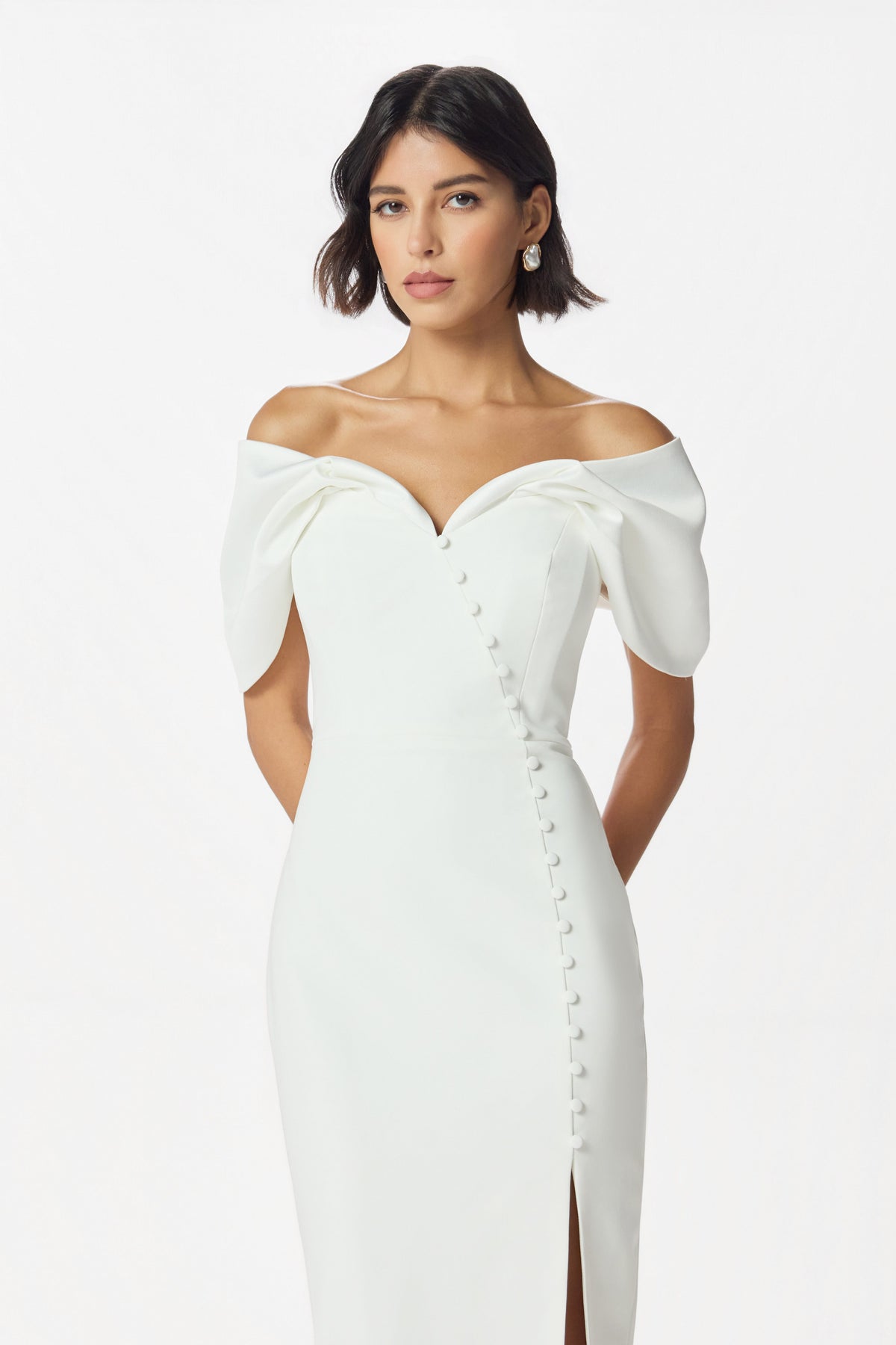 NOELLE Button Detail Midi Dress in White