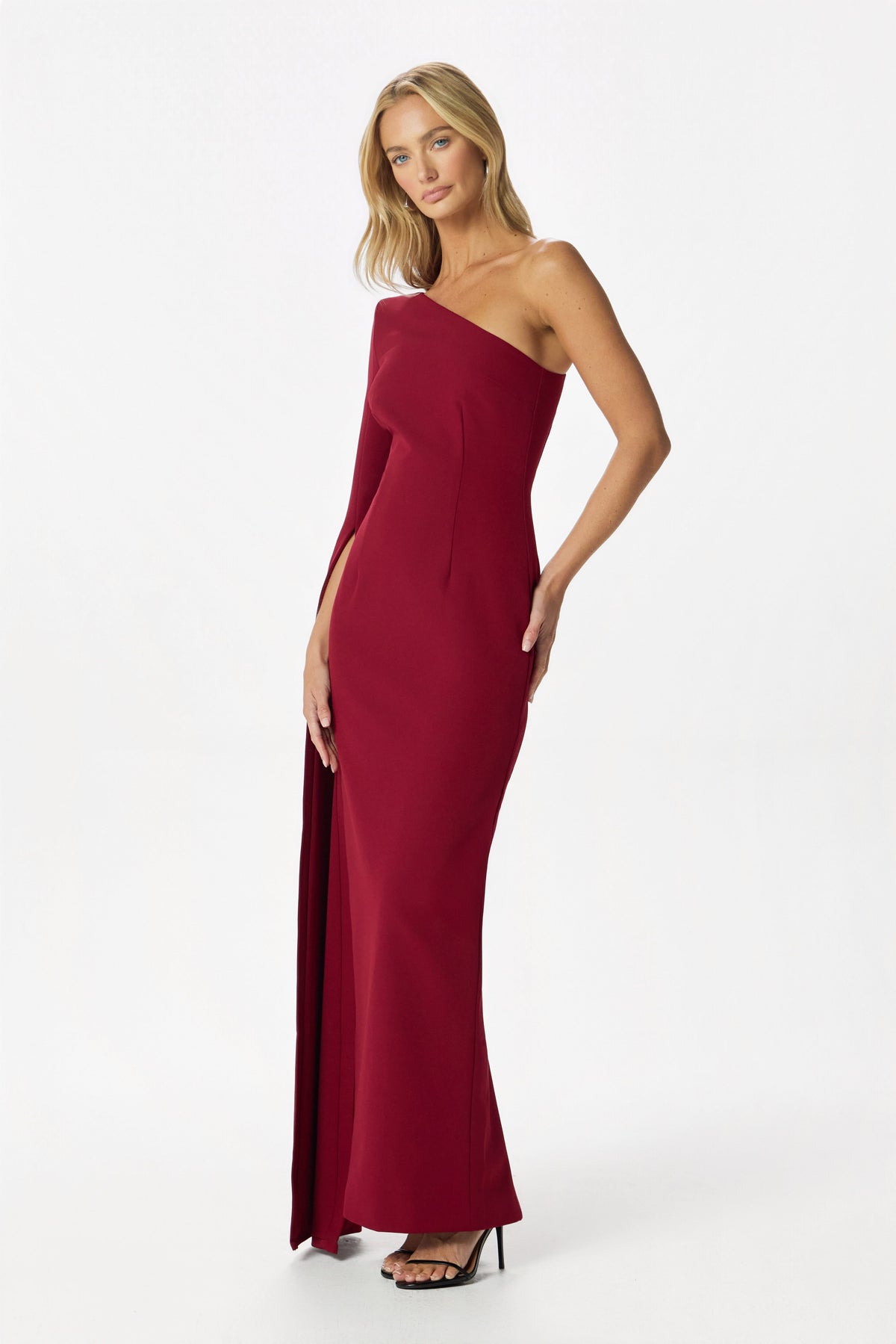 PHOEBE Cape Sleeve Maxi Dress in Burgundy