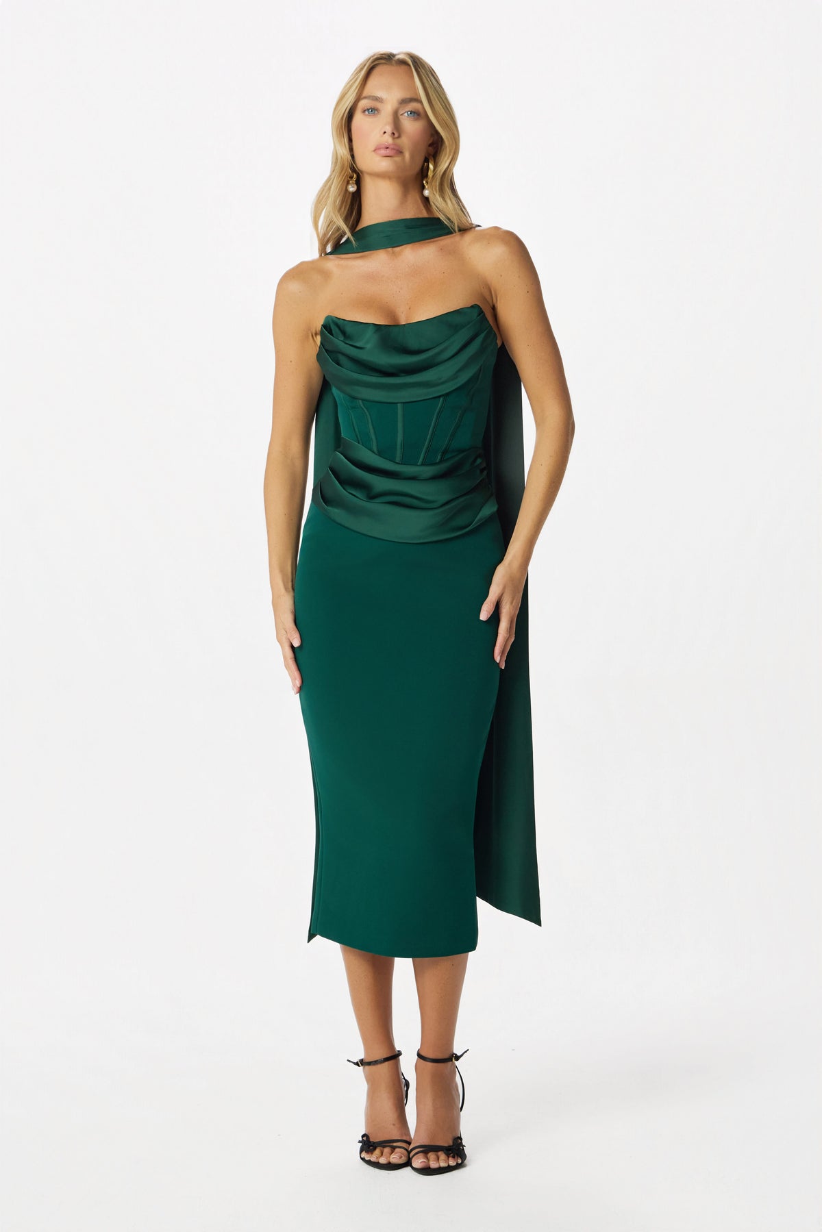 ZENDEYA Bandeau Neck Midi Dress in Emerald