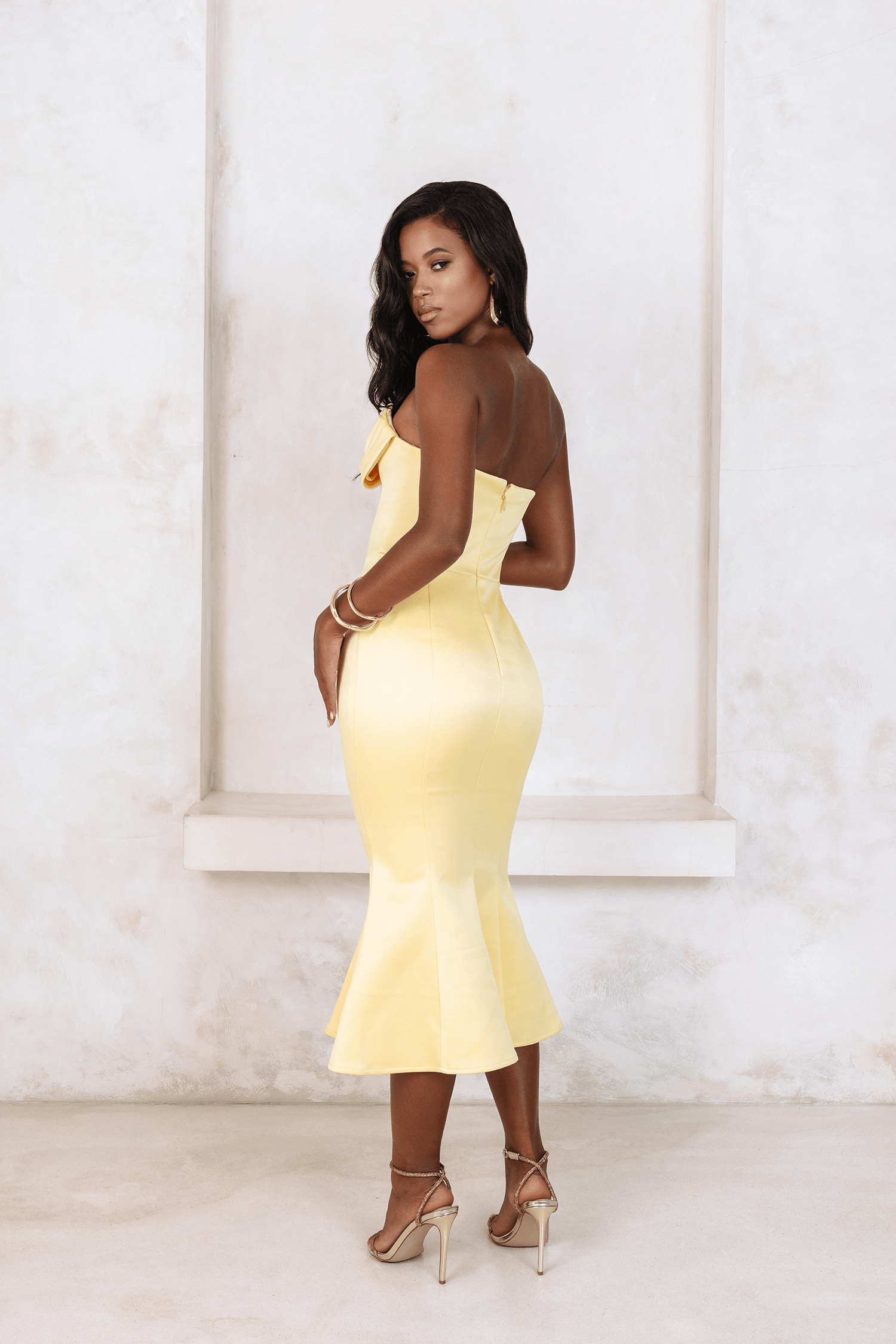 LUCIA Cowl Corset Satin Midi Dress In Yellow - Lavish Alice