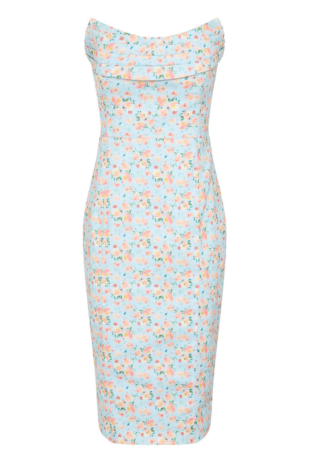 LEILANI Cowl Bandeau Midi Dress In Blue Floral - Lavish Alice