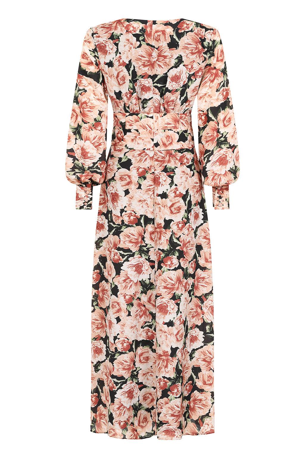 KATHERINE Balloon Sleeve Button Through Longline Dress in Black Floral - Lavish Alice