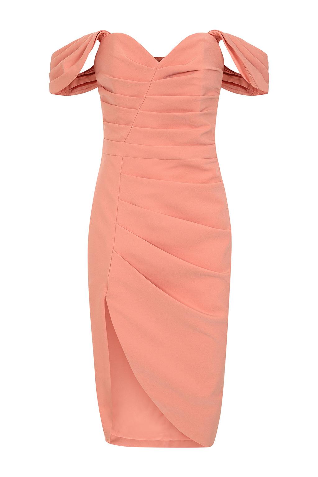 HAILEY Pleated Bardot Midi Dress In Coral - Lavish Alice
