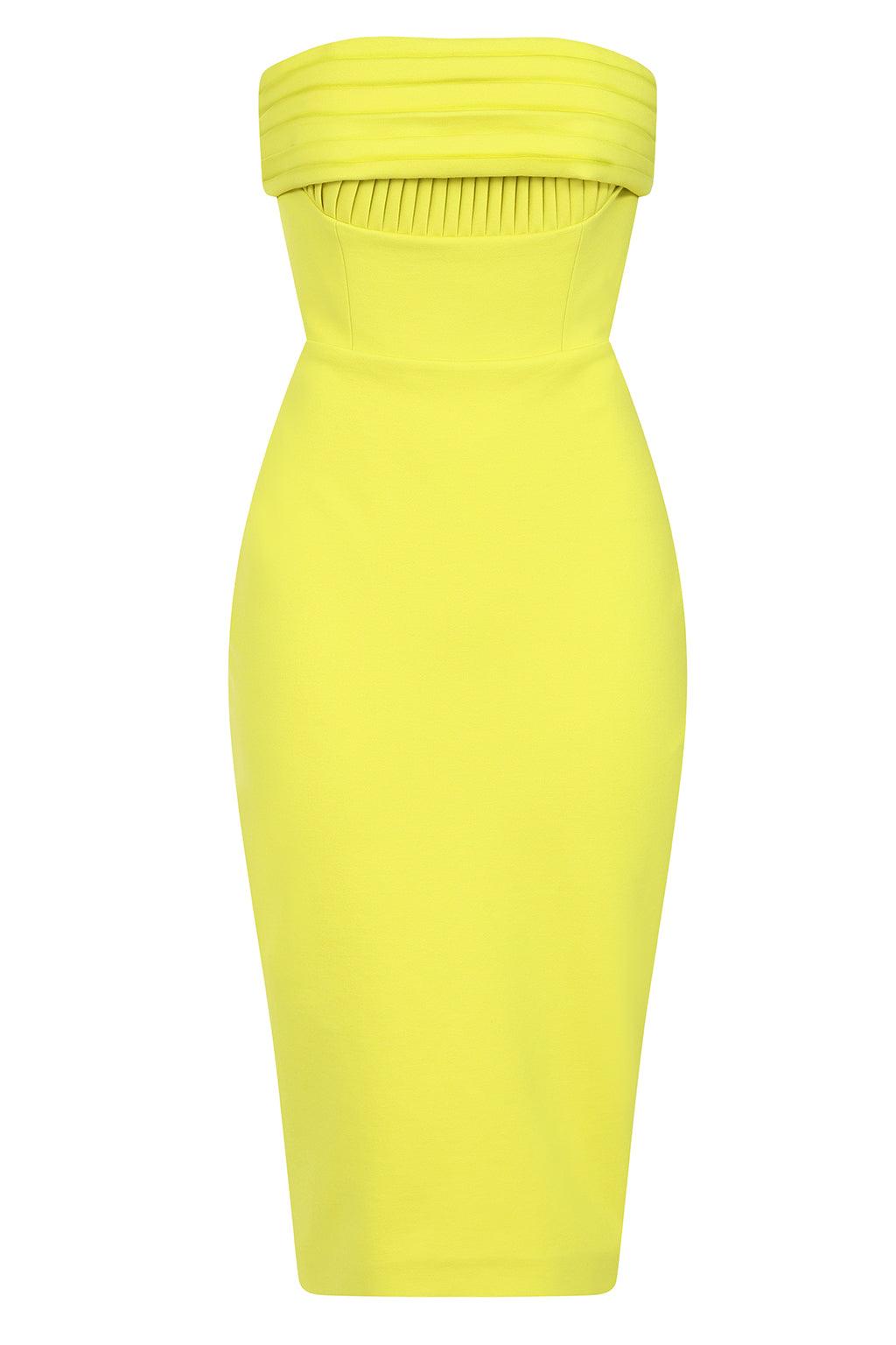 NYLAH Ponte Pleated Bandeau Midi Dress In Lime - Lavish Alice