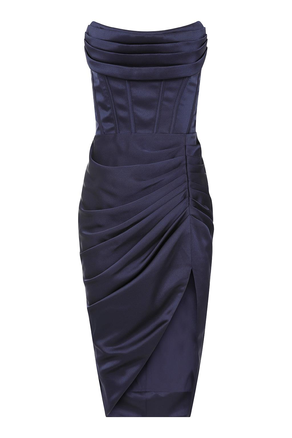 ARIEL Strapless Corset Draped Midi Dress In Navy - Lavish Alice