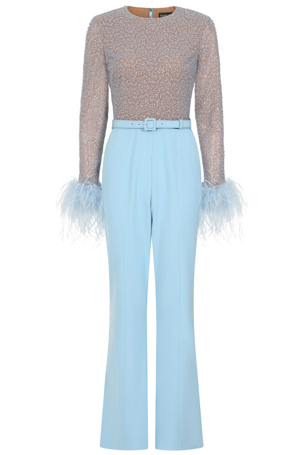 MYLA Beaded Sequin Jumpsuit In Baby Blue - Lavish Alice
