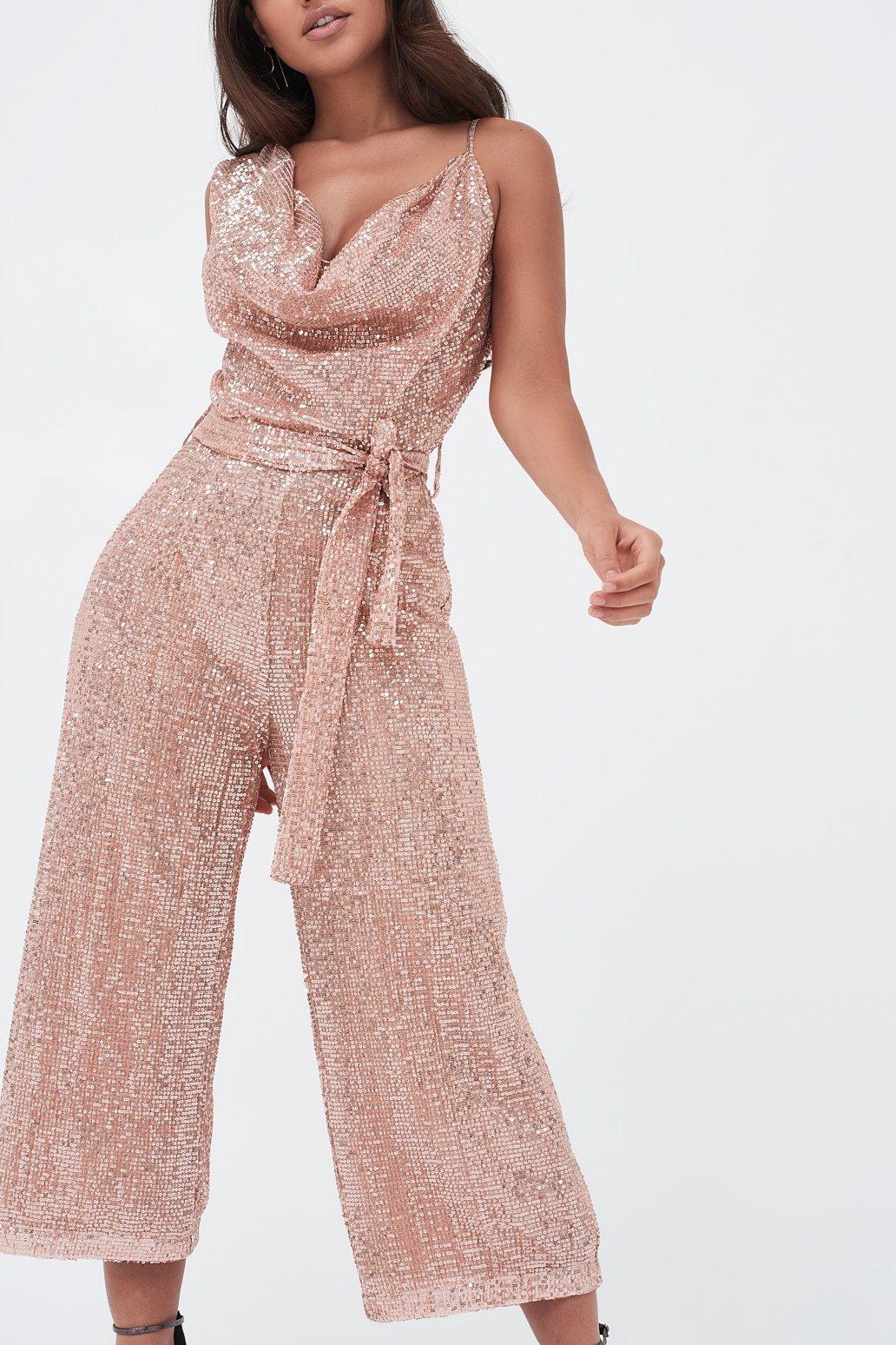 Pleated Sequin Cowl Neck Culotte Jumpsuit In Pink - Lavish Alice