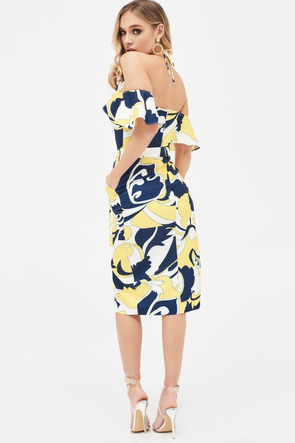 LOGAN Swirl Print Bardot Frill Halterneck Midi Dress - Lavish Alice