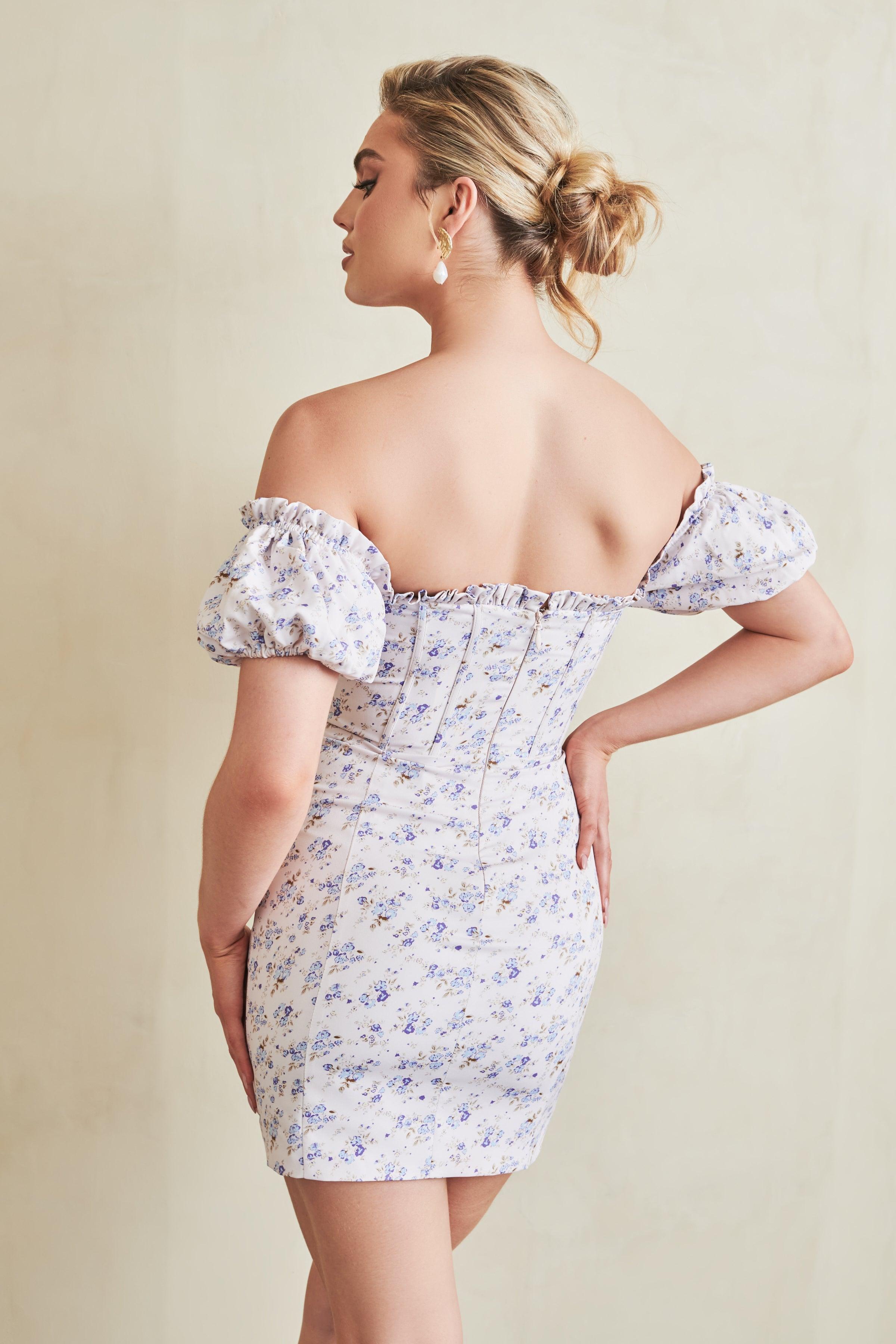 ADALYN Bardot Puff Sleeve Mini Dress in Ditsy Floral - Lavish Alice