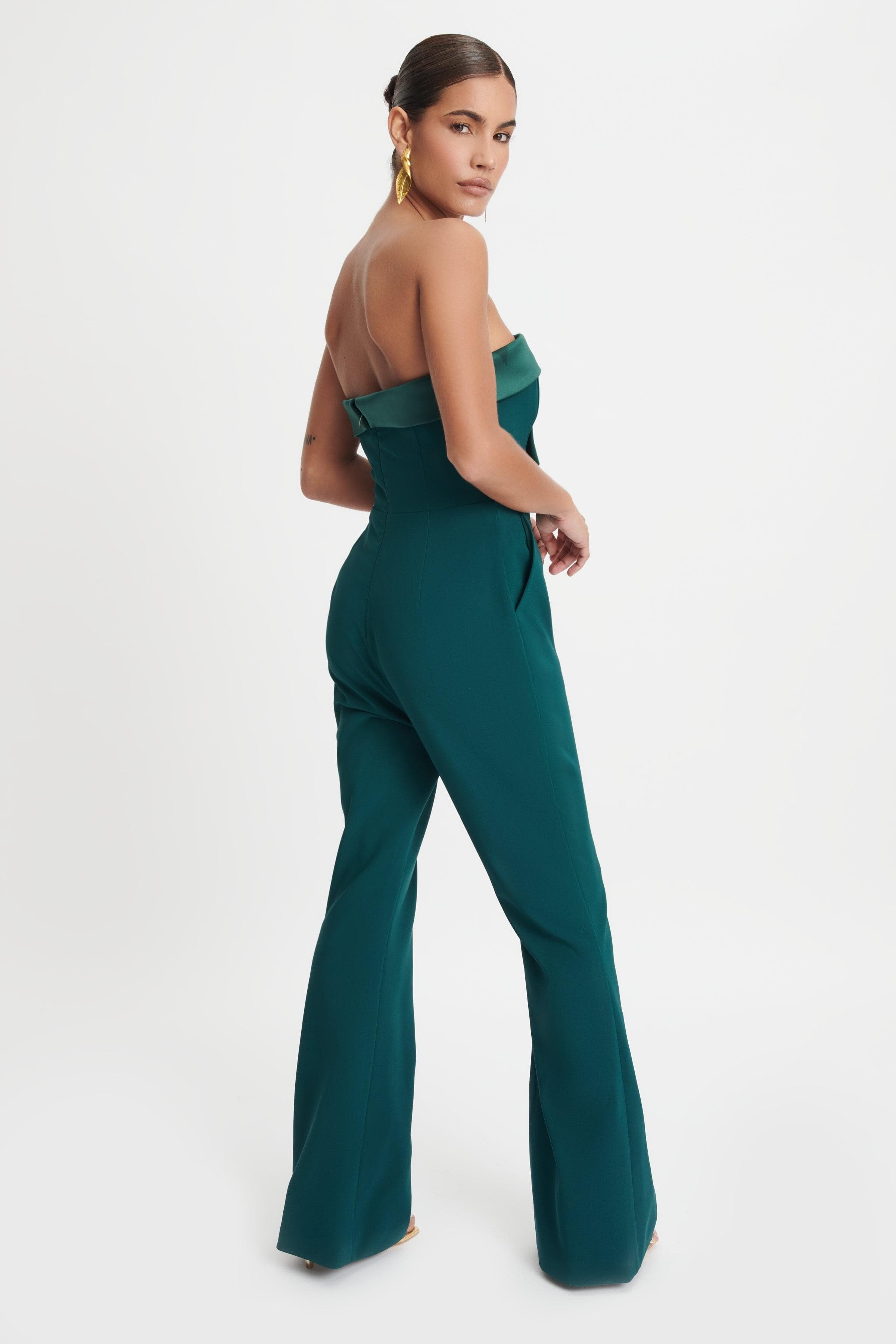 RIVER Satin Mix Bandeau Bow Detail Jumpsuit In Emerald - Lavish Alice