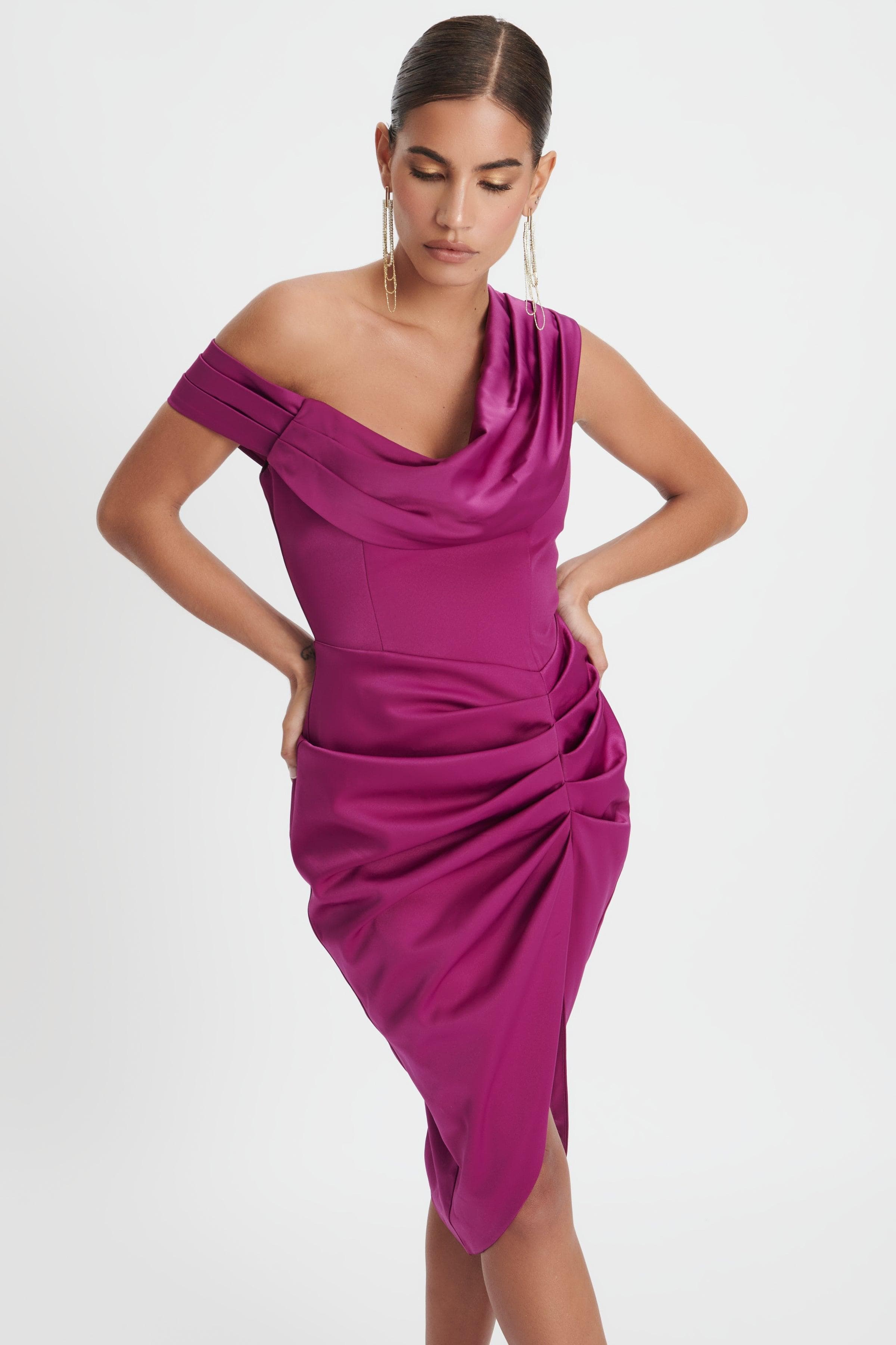 MYA Asymmetric Satin Pleated Drape Midi Dress In Purple - Lavish Alice