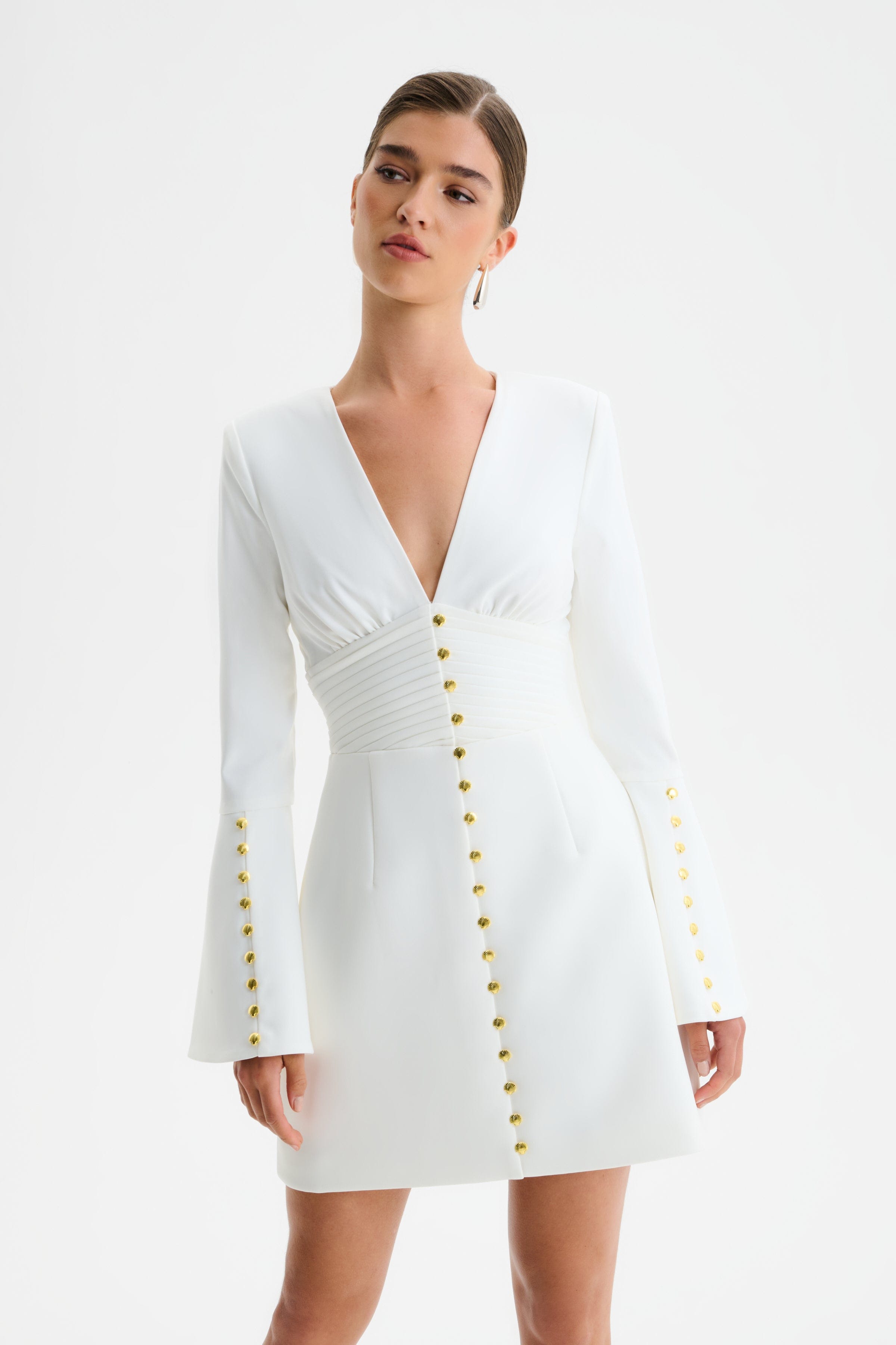 LARA Fluted Sleeve Micro Shell Button Mini Dress in White