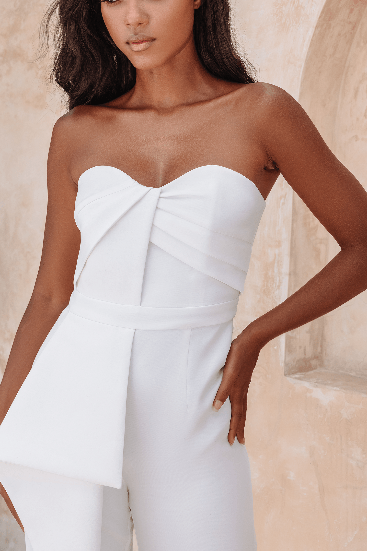 BROOKE Bandeau Draped Panel Straight Leg Jumpsuit In White - Lavish Alice