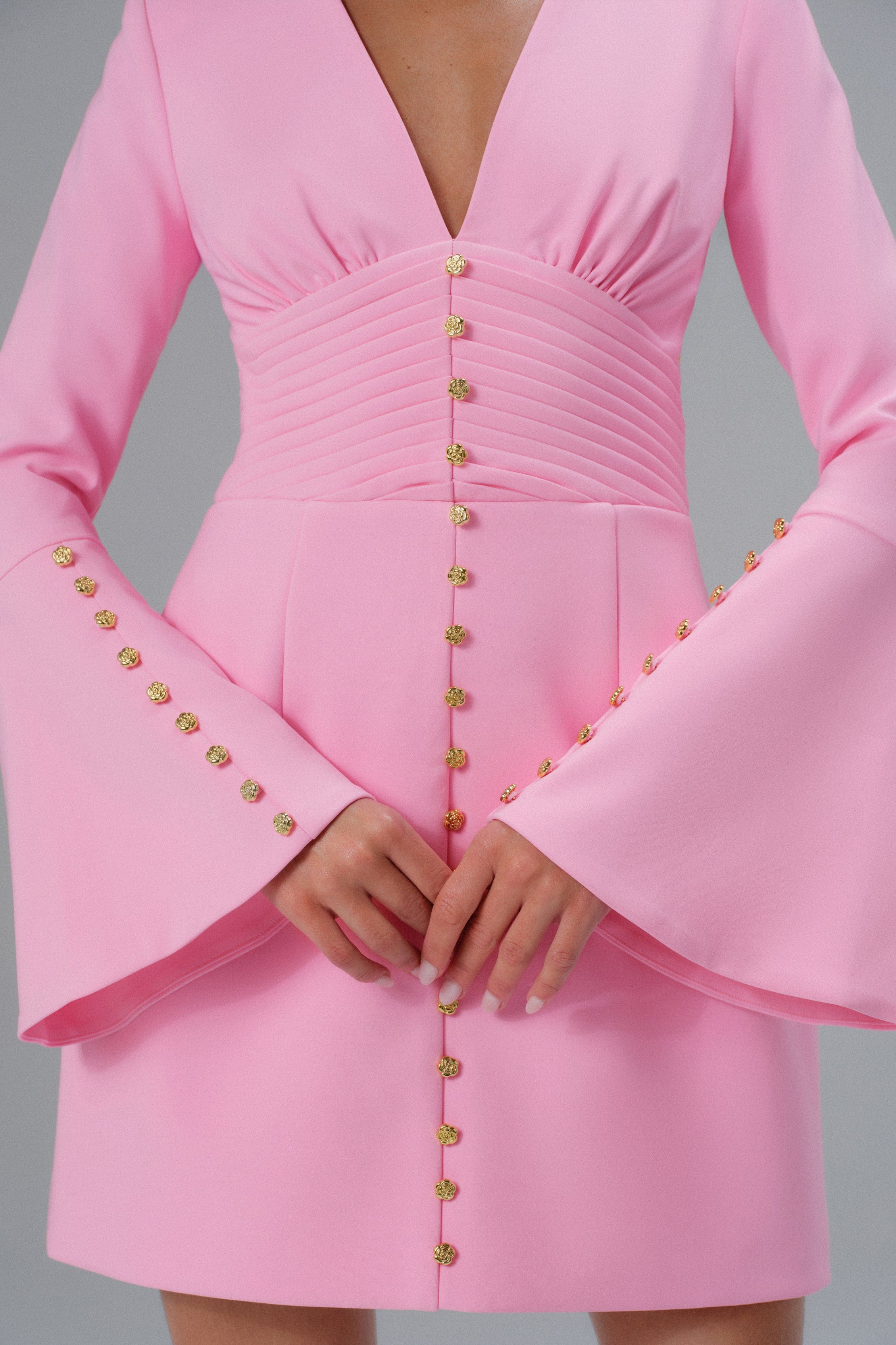 LARA Fluted Sleeve Micro Shell Button Mini Dress in Pink