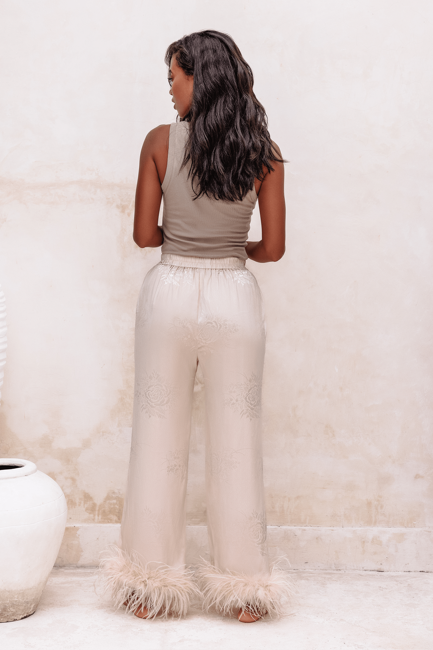 ADRIANA Feather Trim Satin Jacquard Pyjama In Champagne