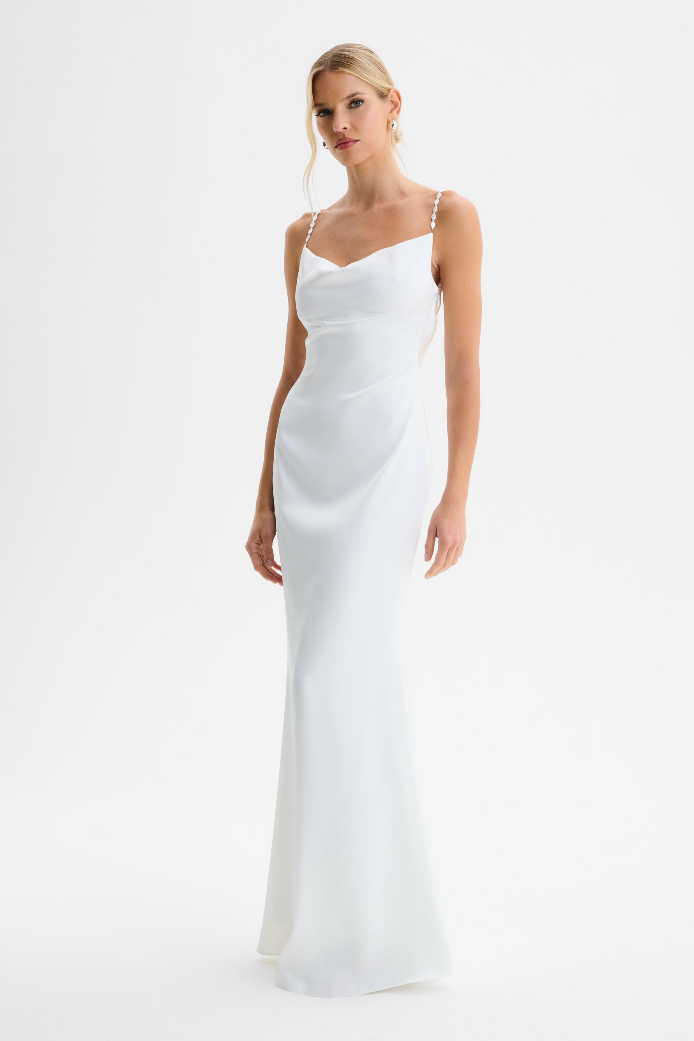 DANI Cowl Neck Satin Maxi Dress with Pearl Straps in White