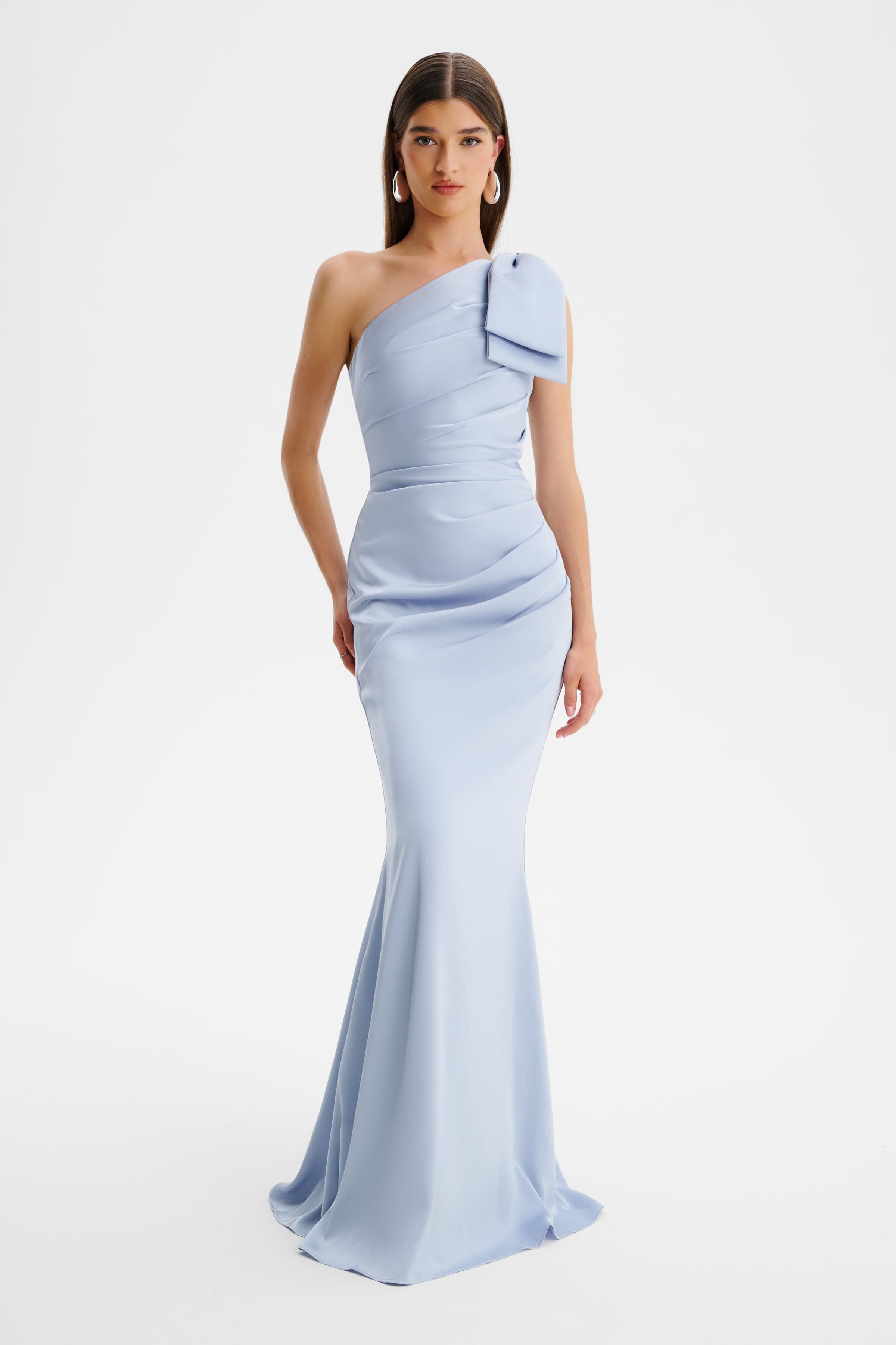 EMELIA One Shoulder Bow Pleated Maxi Dress in Dusty Blue