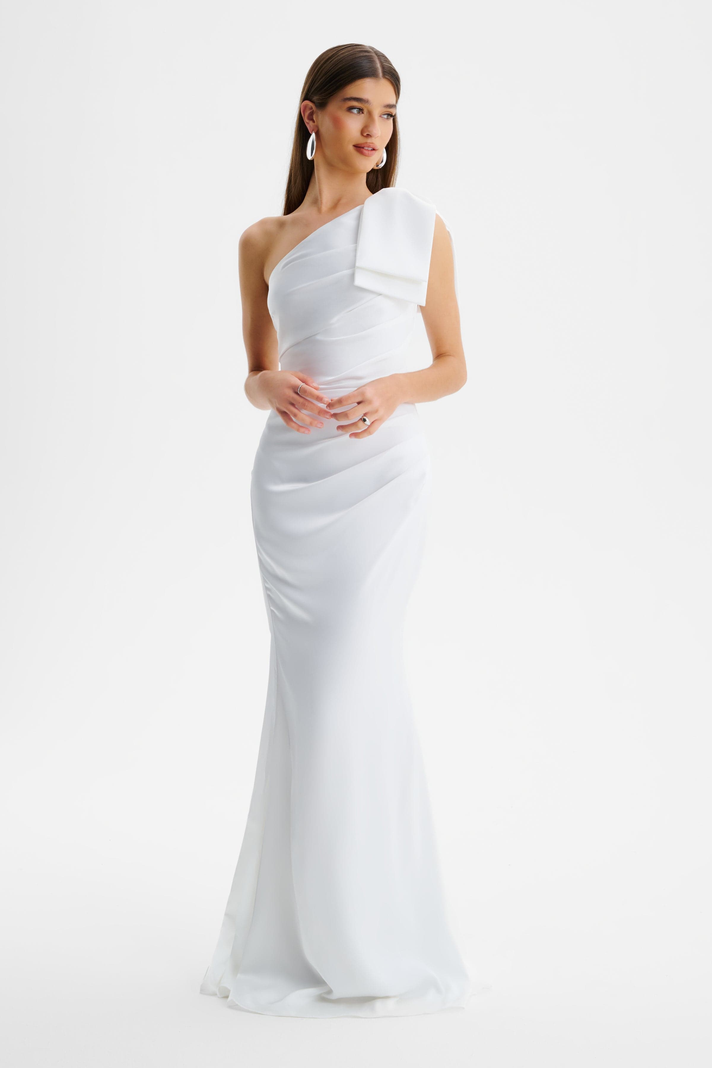 EMELIA One Shoulder Bow Pleated Maxi Dress in White