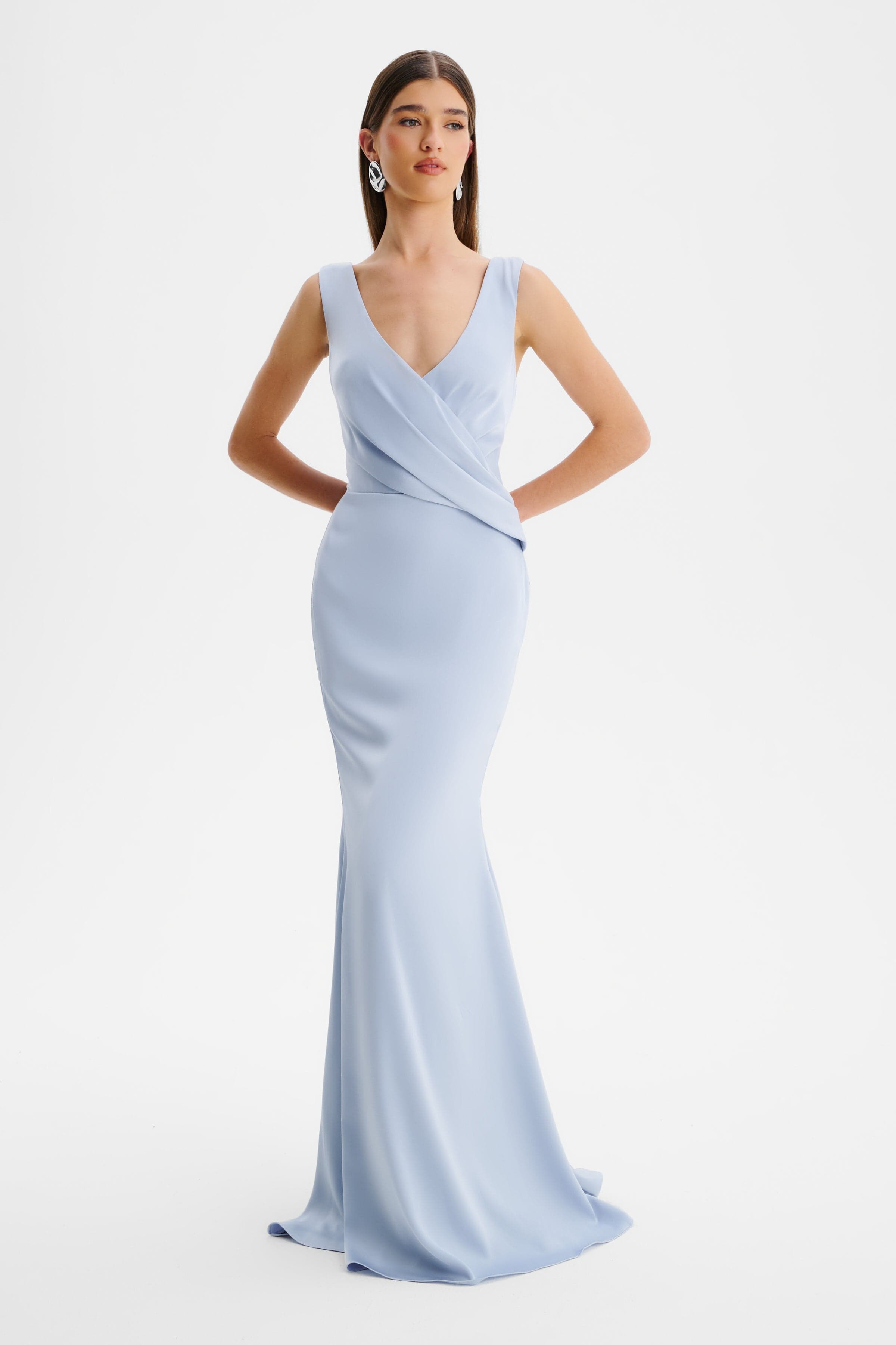 ELLE Draped Wrap Satin Maxi Dress in Blue