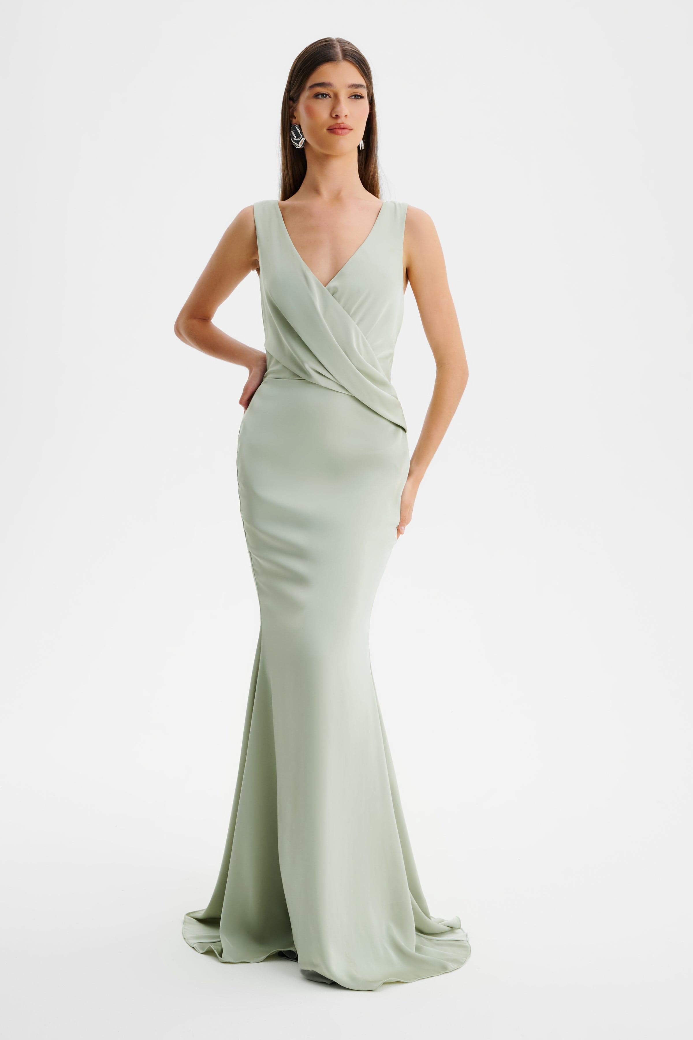 ELLE Draped Wrap Satin Maxi Dress in Sage Green